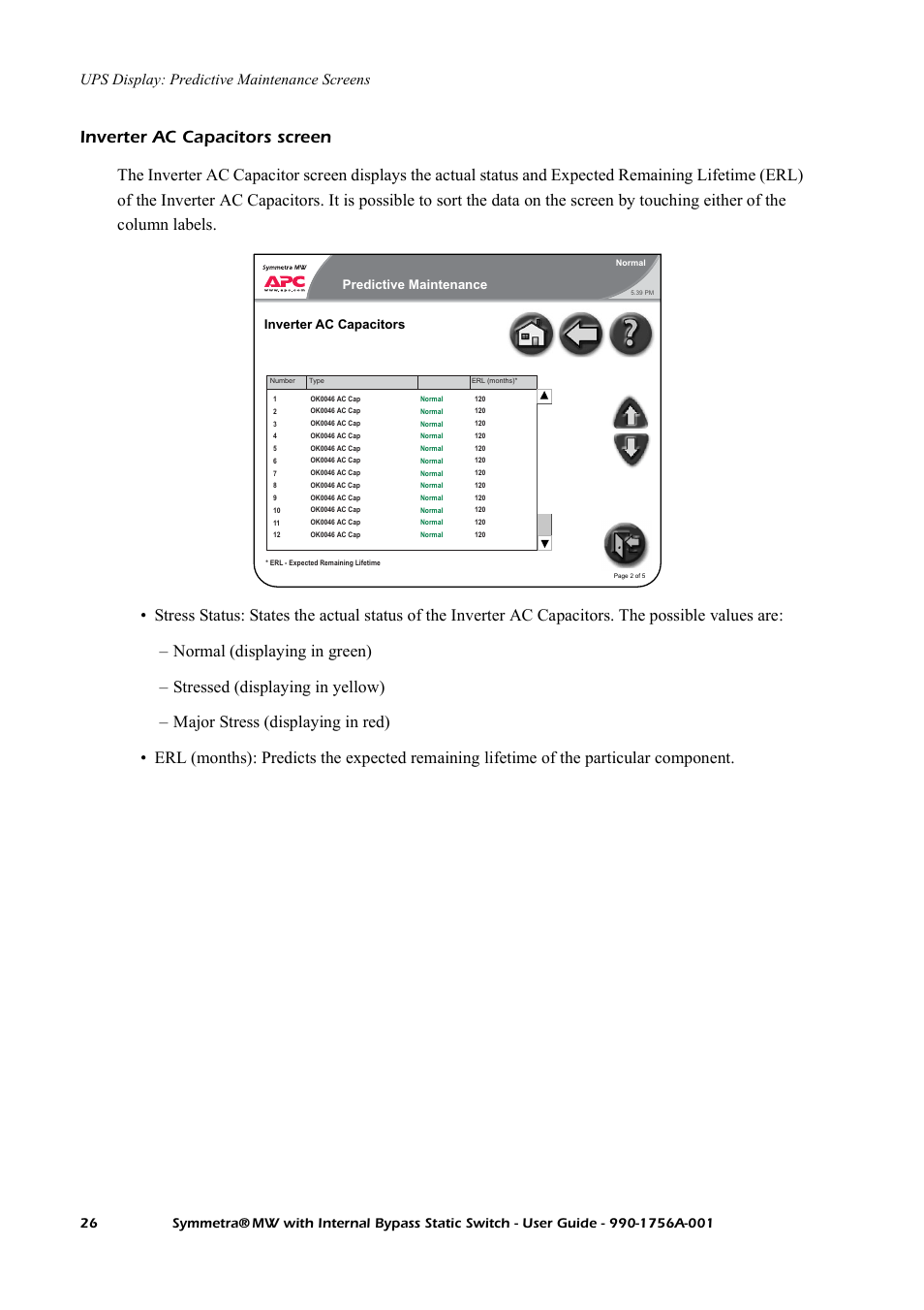 Inverter ac capacitors screen, Ups display: predictive maintenance screens, Predictive maintenance inverter ac capacitors | American Power Conversion Bypass Static User Manual | Page 32 / 56