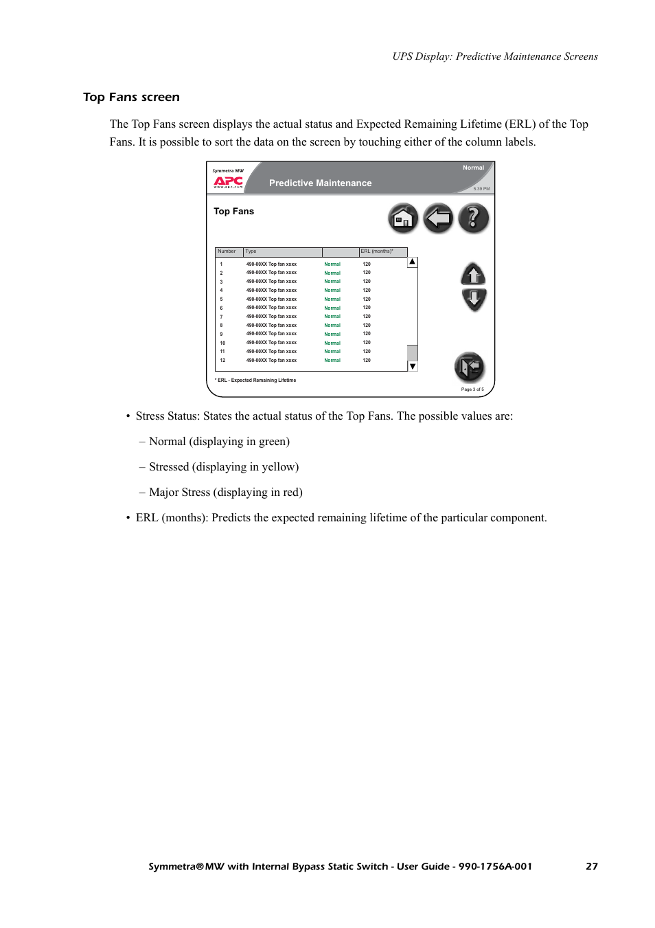 Top fans screen, Ups display: predictive maintenance screens, Predictive maintenance top fans | American Power Conversion Bypass Static User Manual | Page 33 / 56