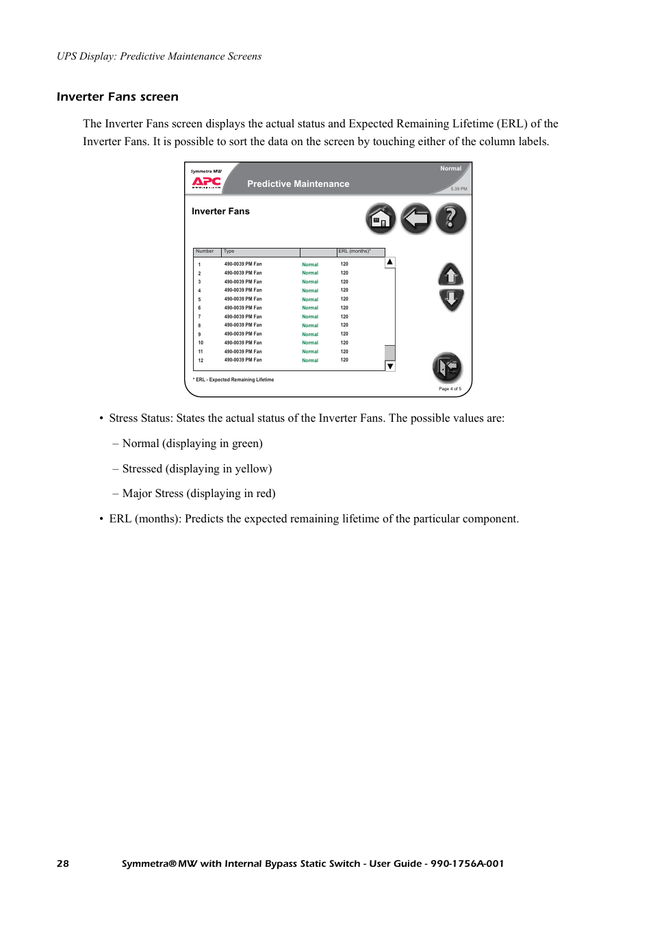Inverter fans screen, Ups display: predictive maintenance screens, Predictive maintenance inverter fans | American Power Conversion Bypass Static User Manual | Page 34 / 56