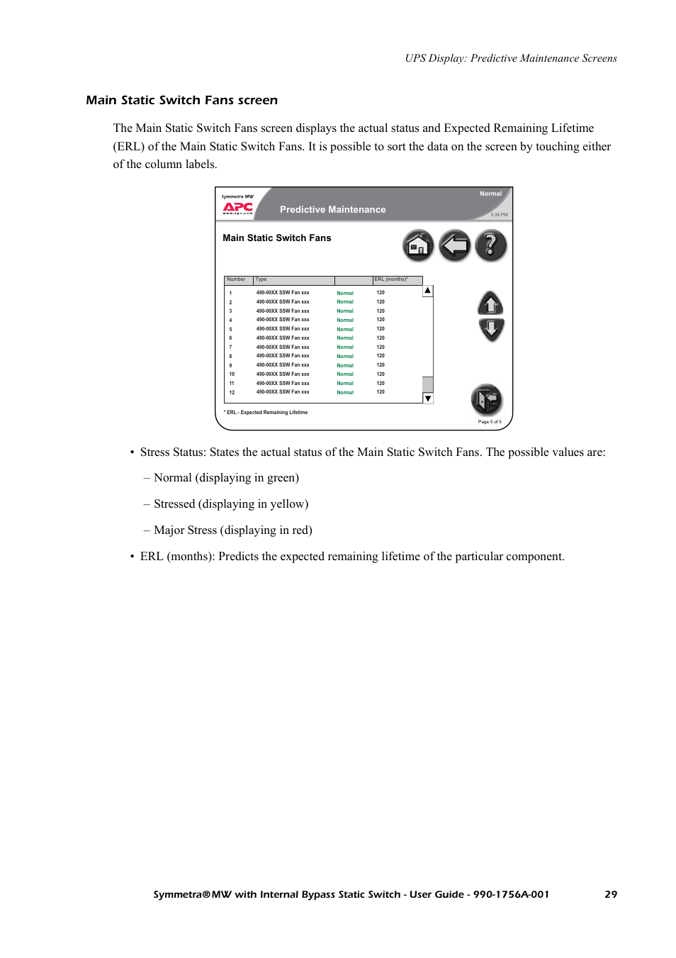 Main static switch fans screen, Ups display: predictive maintenance screens, Predictive maintenance main static switch fans | American Power Conversion Bypass Static User Manual | Page 35 / 56