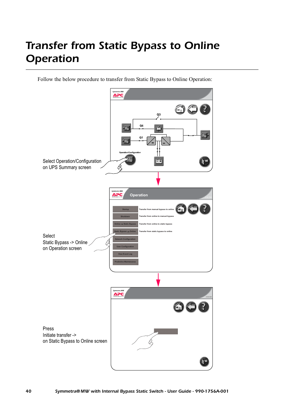 Transfer from static bypass to online operation | American Power Conversion Bypass Static User Manual | Page 46 / 56