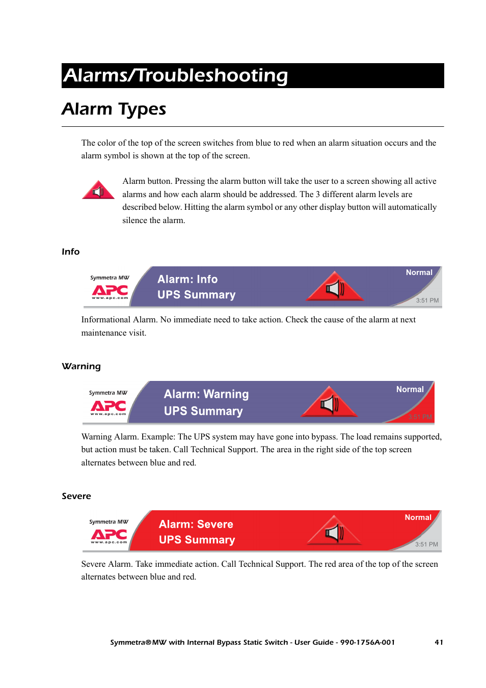 Alarms/troubleshooting, Alarm types, Info | Warning, Severe | American Power Conversion Bypass Static User Manual | Page 47 / 56