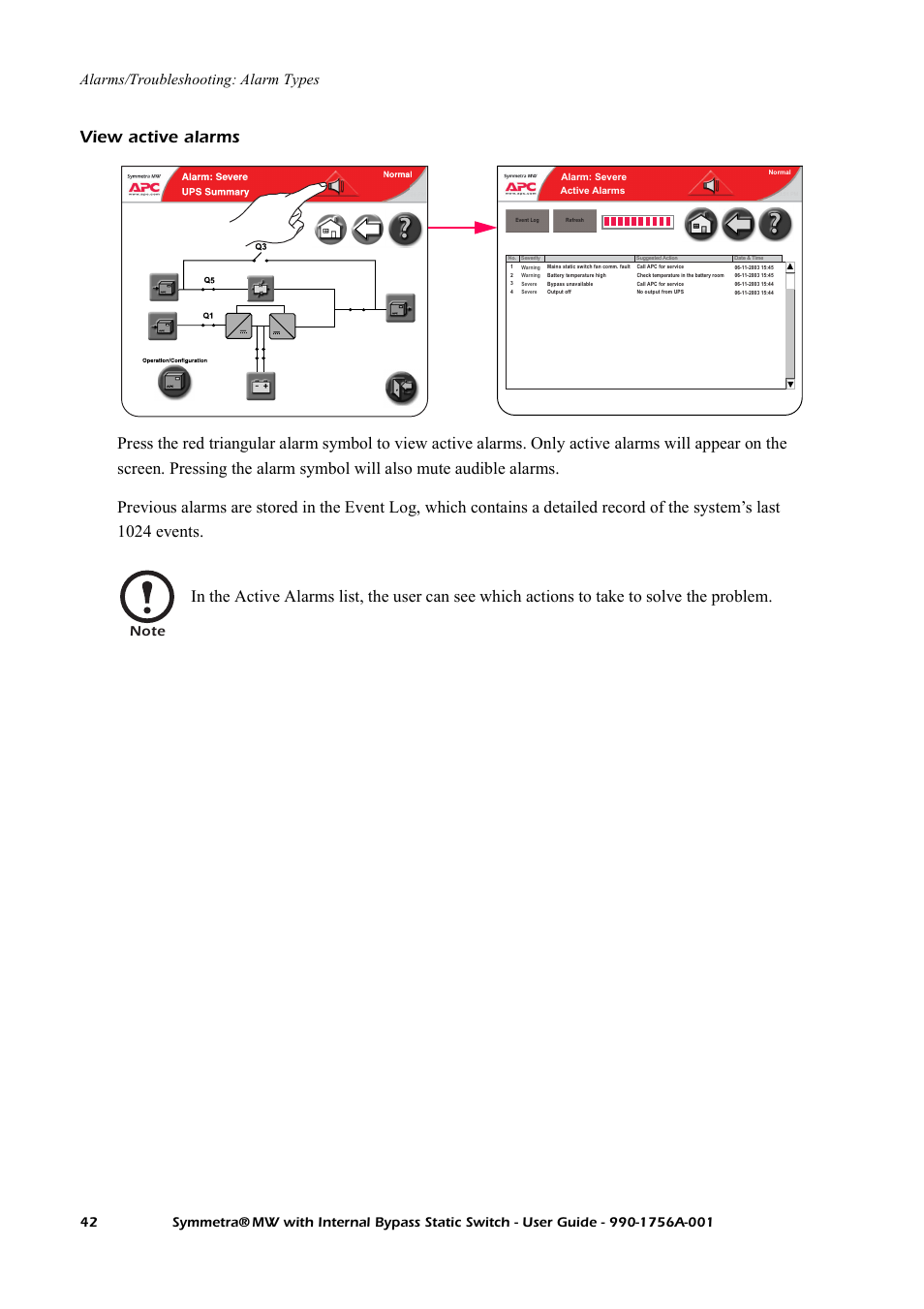 View active alarms, Alarms/troubleshooting: alarm types | American Power Conversion Bypass Static User Manual | Page 48 / 56
