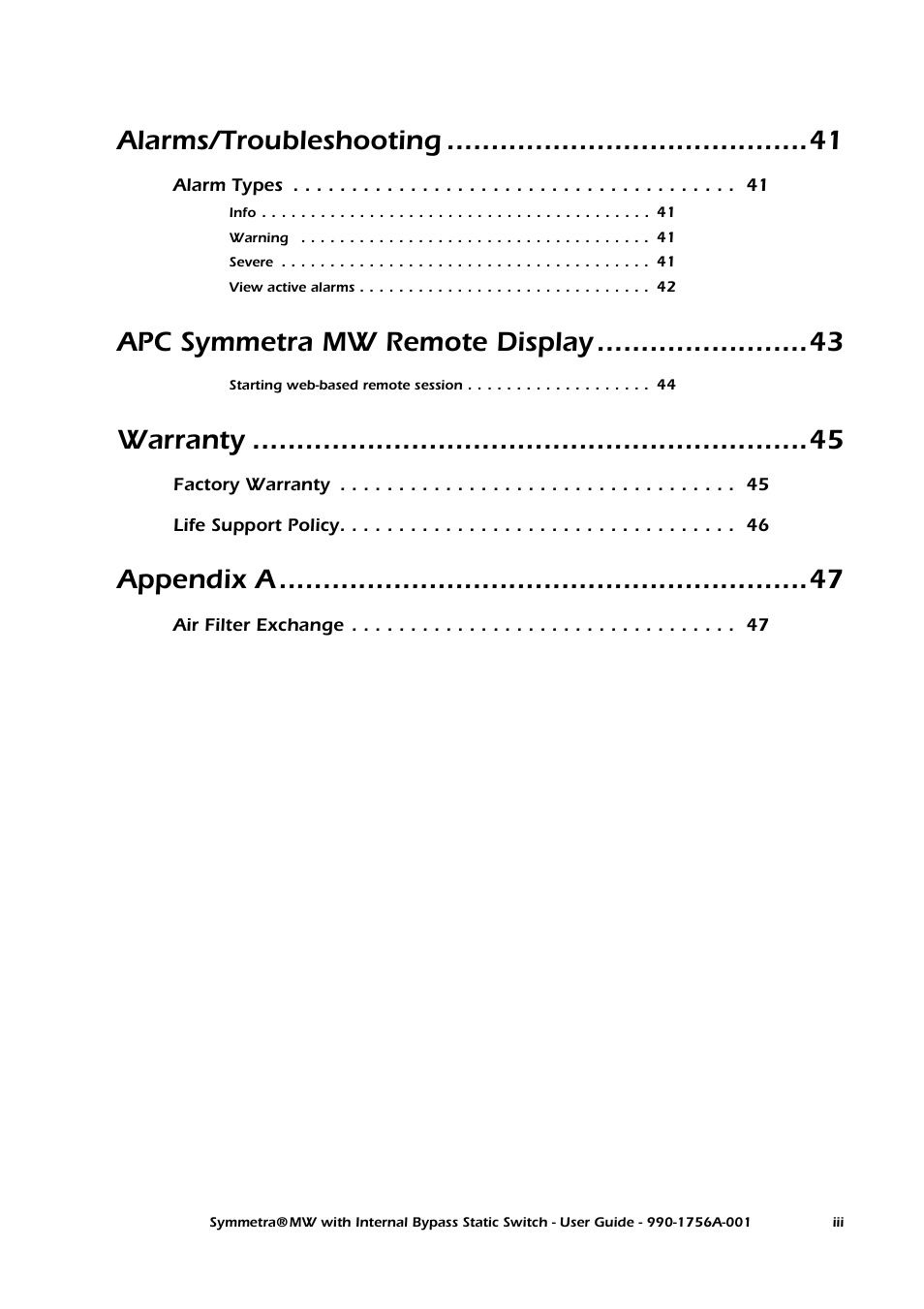 Alarms/troubleshooting, Apc symmetra mw remote display, Warranty | Appendix a | American Power Conversion Bypass Static User Manual | Page 5 / 56