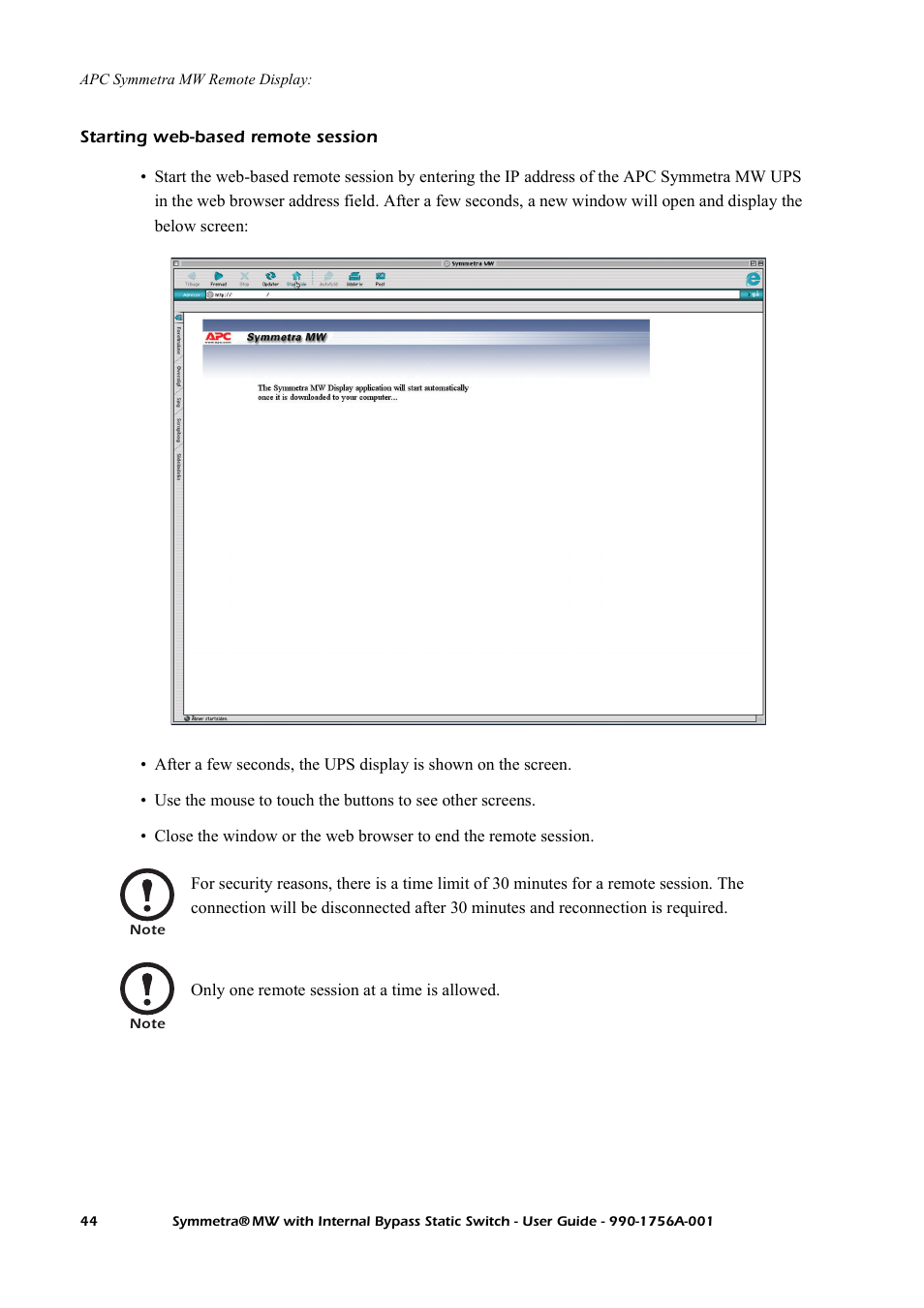 Starting web-based remote session, Apc symmetra mw remote display | American Power Conversion Bypass Static User Manual | Page 50 / 56