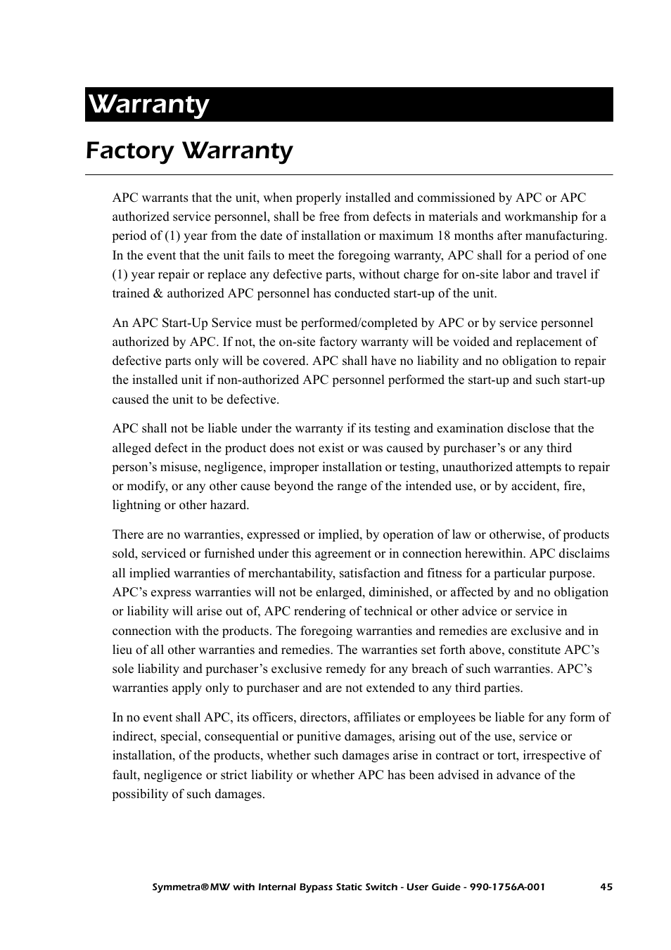 Warranty, Factory warranty | American Power Conversion Bypass Static User Manual | Page 51 / 56