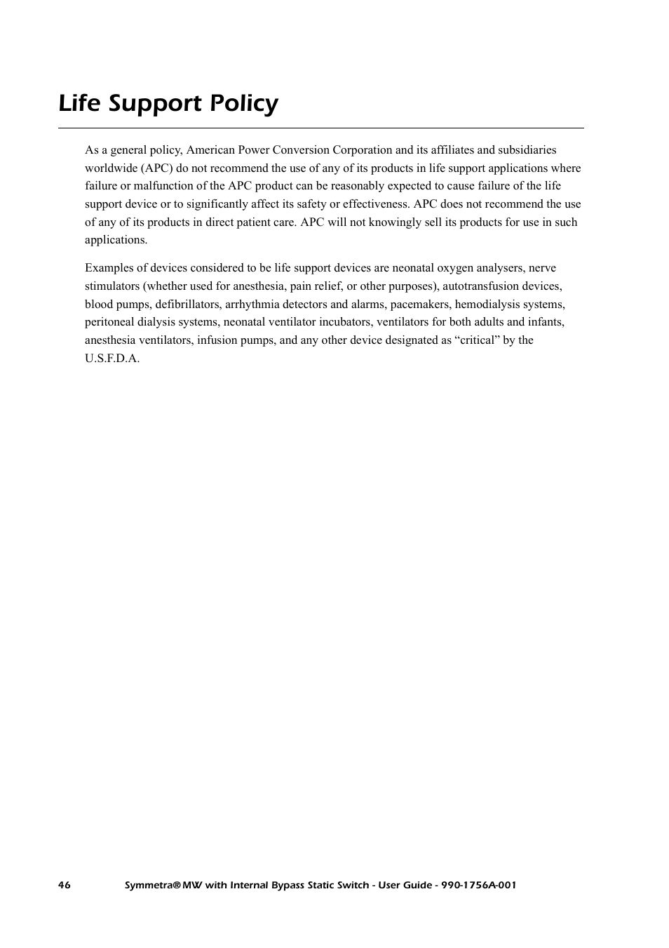 Life support policy | American Power Conversion Bypass Static User Manual | Page 52 / 56