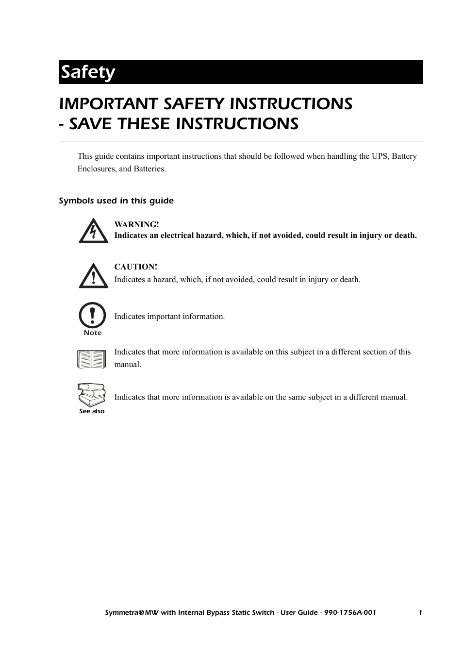 Safety, Symbols used in this guide | American Power Conversion Bypass Static User Manual | Page 7 / 56