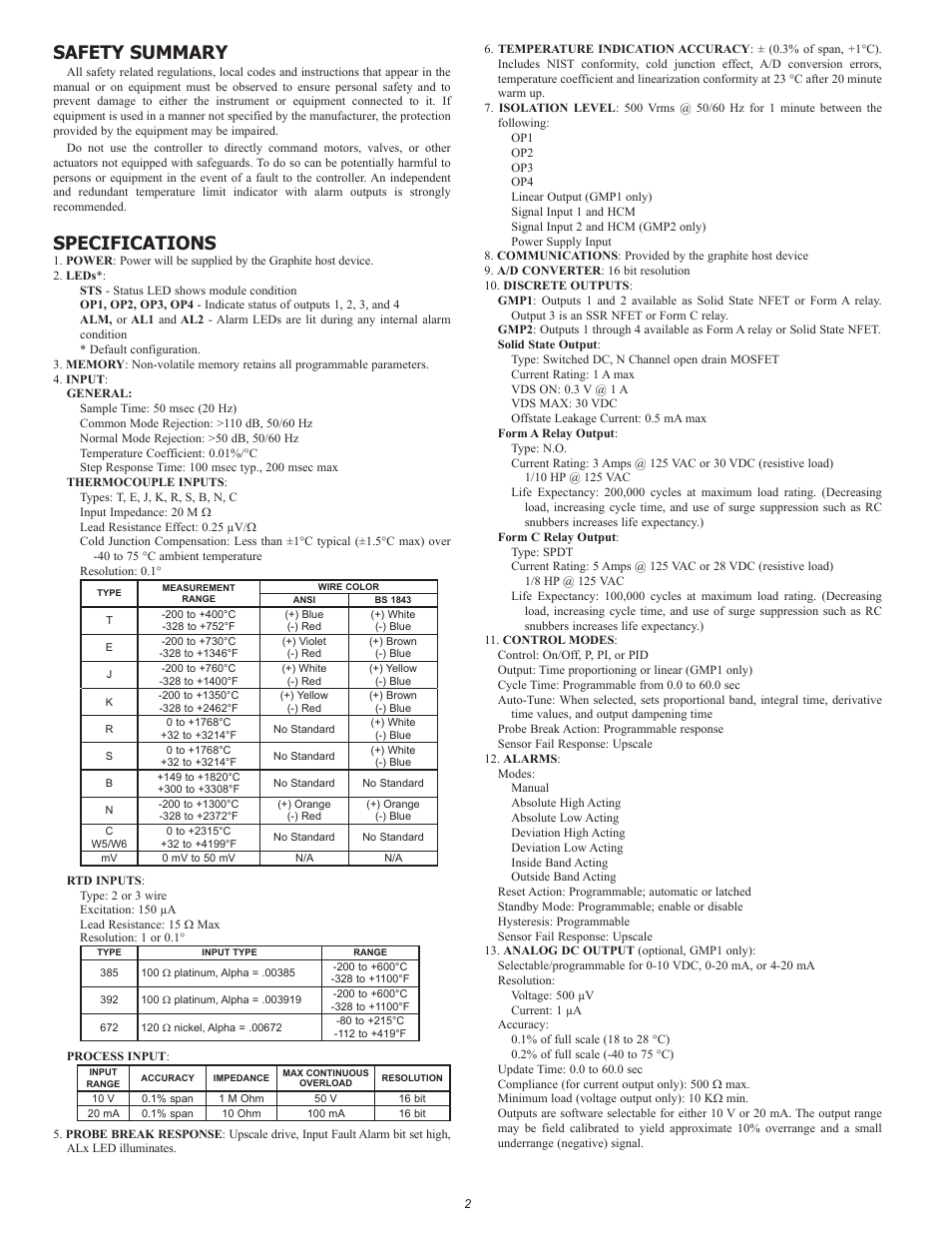 Safety summary, Specifications | Red Lion GMPID Single and Dual PID Modules User Manual | Page 2 / 8