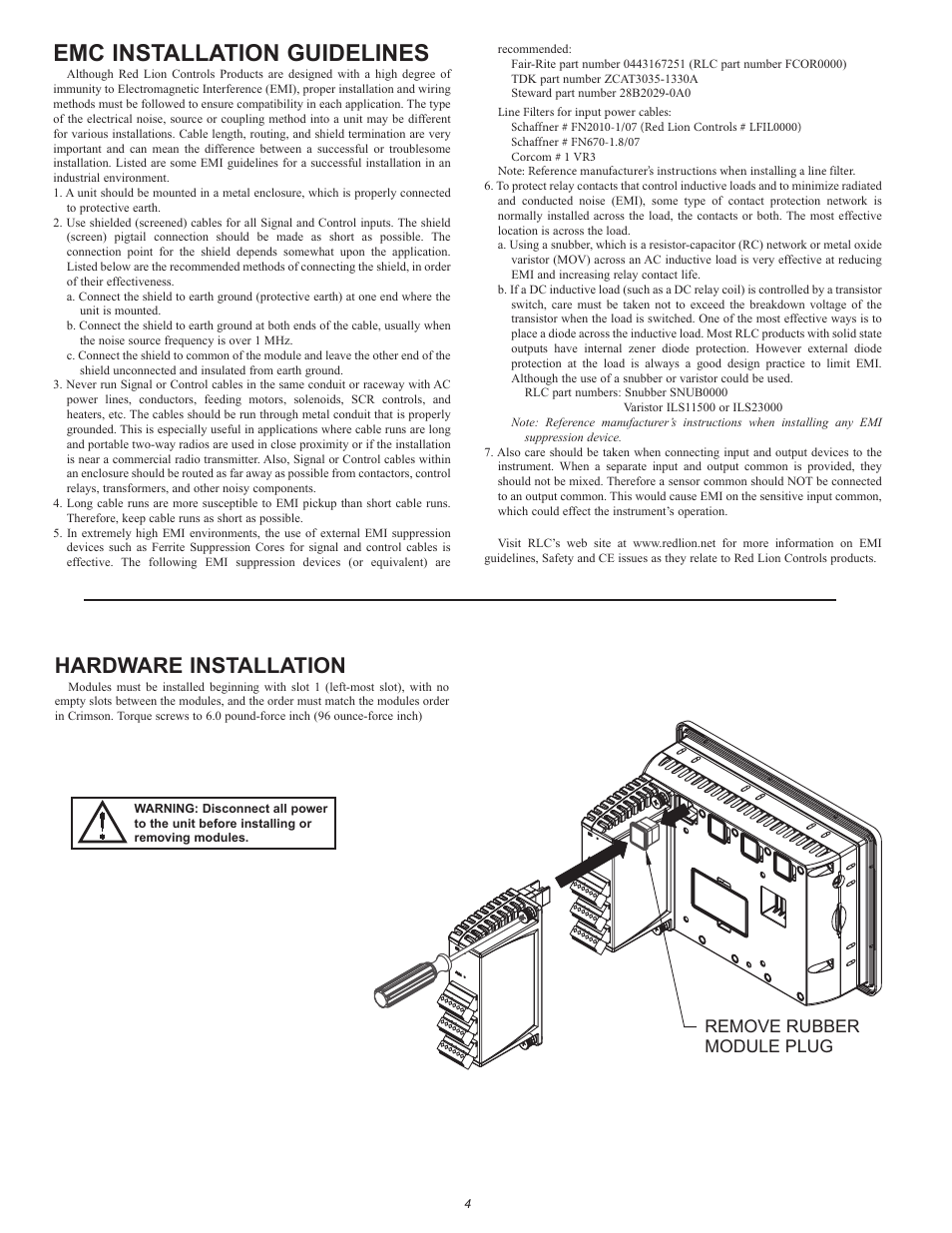 Emc installation guidelines, Hardware installation, Remove rubber module plug | Red Lion GMPID Single and Dual PID Modules User Manual | Page 4 / 8