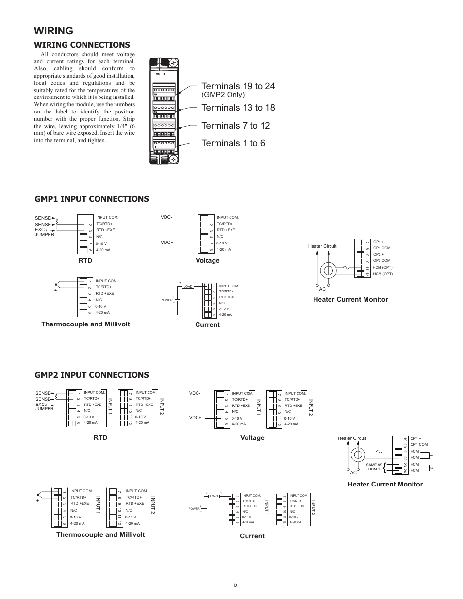 Wiring, Wiring connections, Gmp1 input connections | Gmp2 input connections, Gmp2 only), Rtd heater current monitor voltage, Current thermocouple and millivolt | Red Lion GMPID Single and Dual PID Modules User Manual | Page 5 / 8