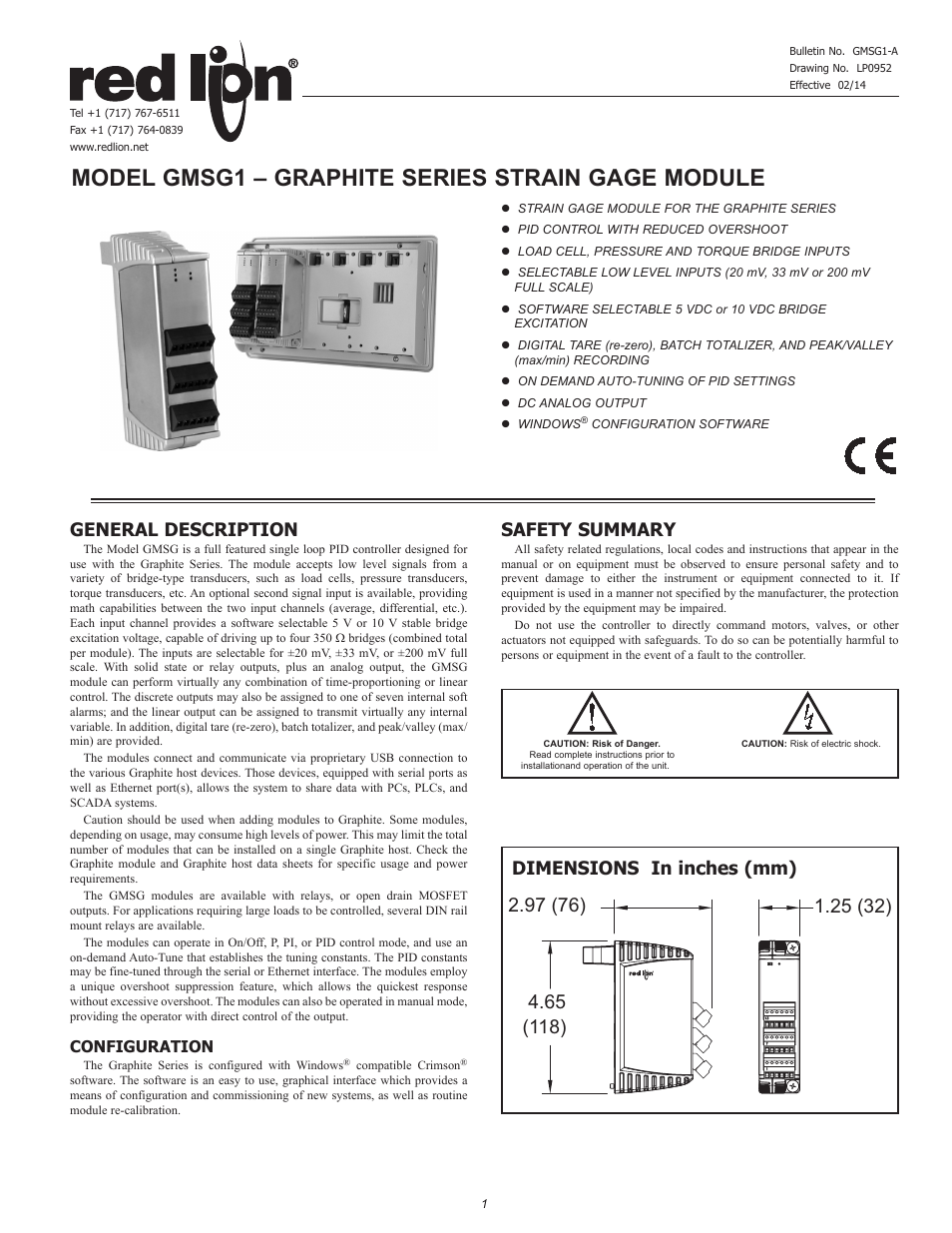 Red Lion GMSG1 Strain Gage Input Module User Manual | 8 pages