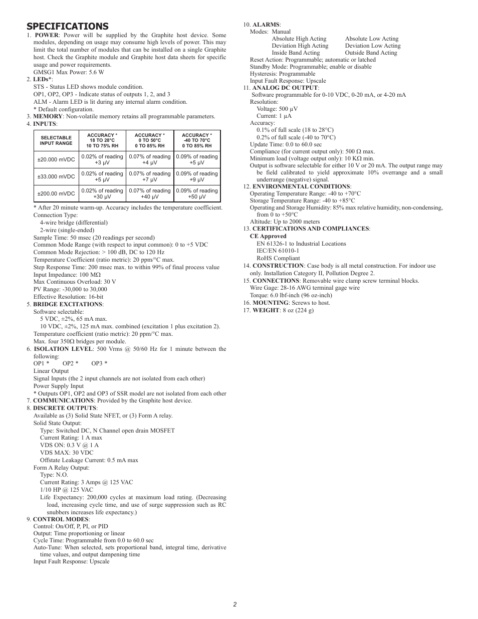 Specifications | Red Lion GMSG1 Strain Gage Input Module User Manual | Page 2 / 8