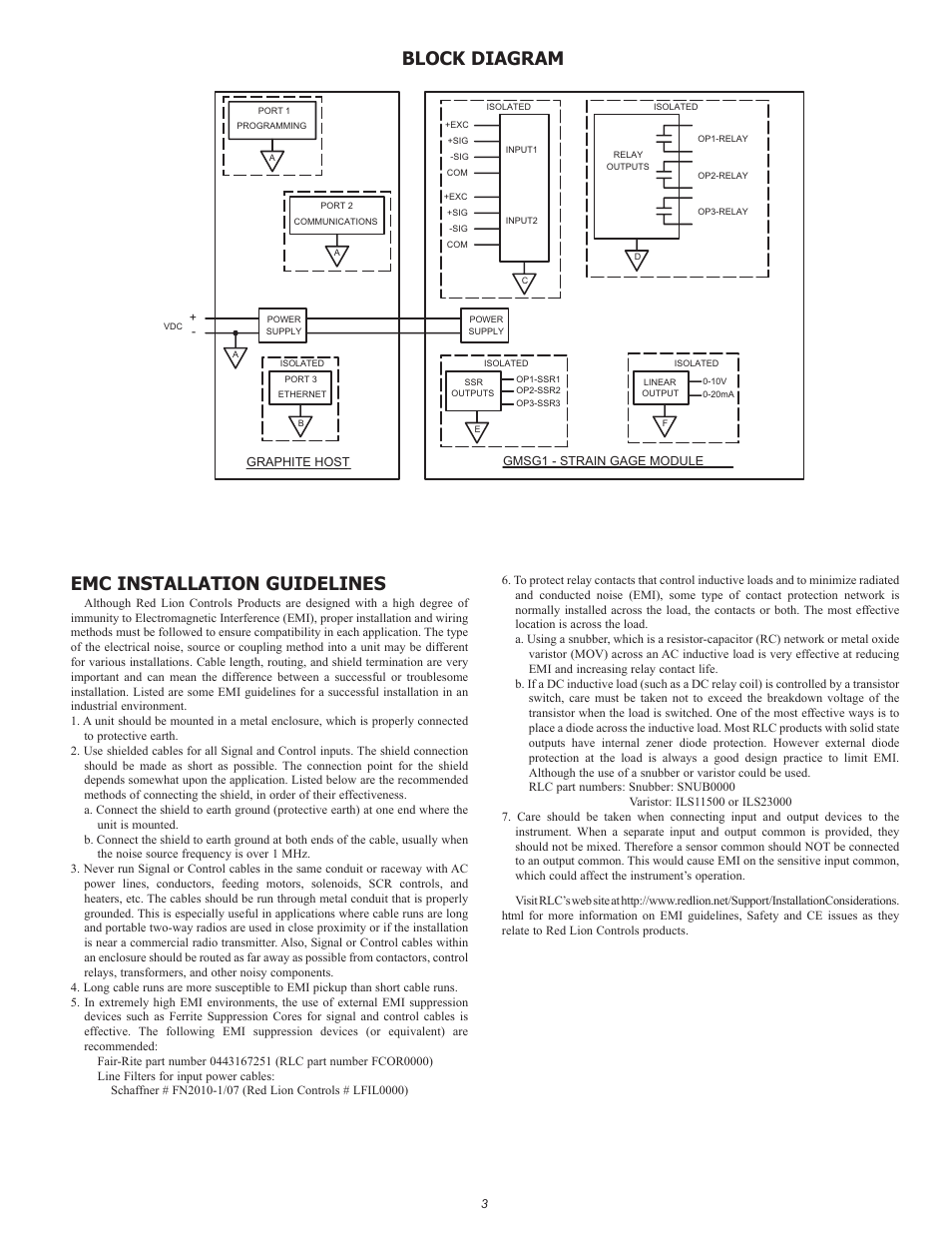 Block diagram emc installation guidelines | Red Lion GMSG1 Strain Gage Input Module User Manual | Page 3 / 8