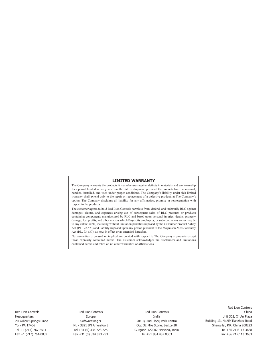 Limited warranty | Red Lion GMSG1 Strain Gage Input Module User Manual | Page 8 / 8