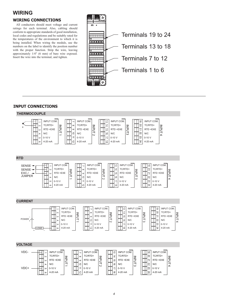 Wiring, Wiring connections, Input connections | Thermocouple voltage current | Red Lion GMUIN4 Universal Input Module User Manual | Page 4 / 8