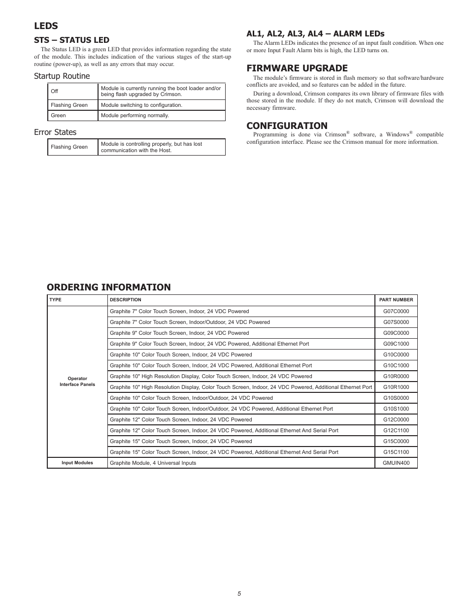 Ordering information, Leds, Firmware upgrade | Configuration, Sts – status led, Startup routine, Error states, Al1, al2, al3, al4 – alarm leds | Red Lion GMUIN4 Universal Input Module User Manual | Page 5 / 8