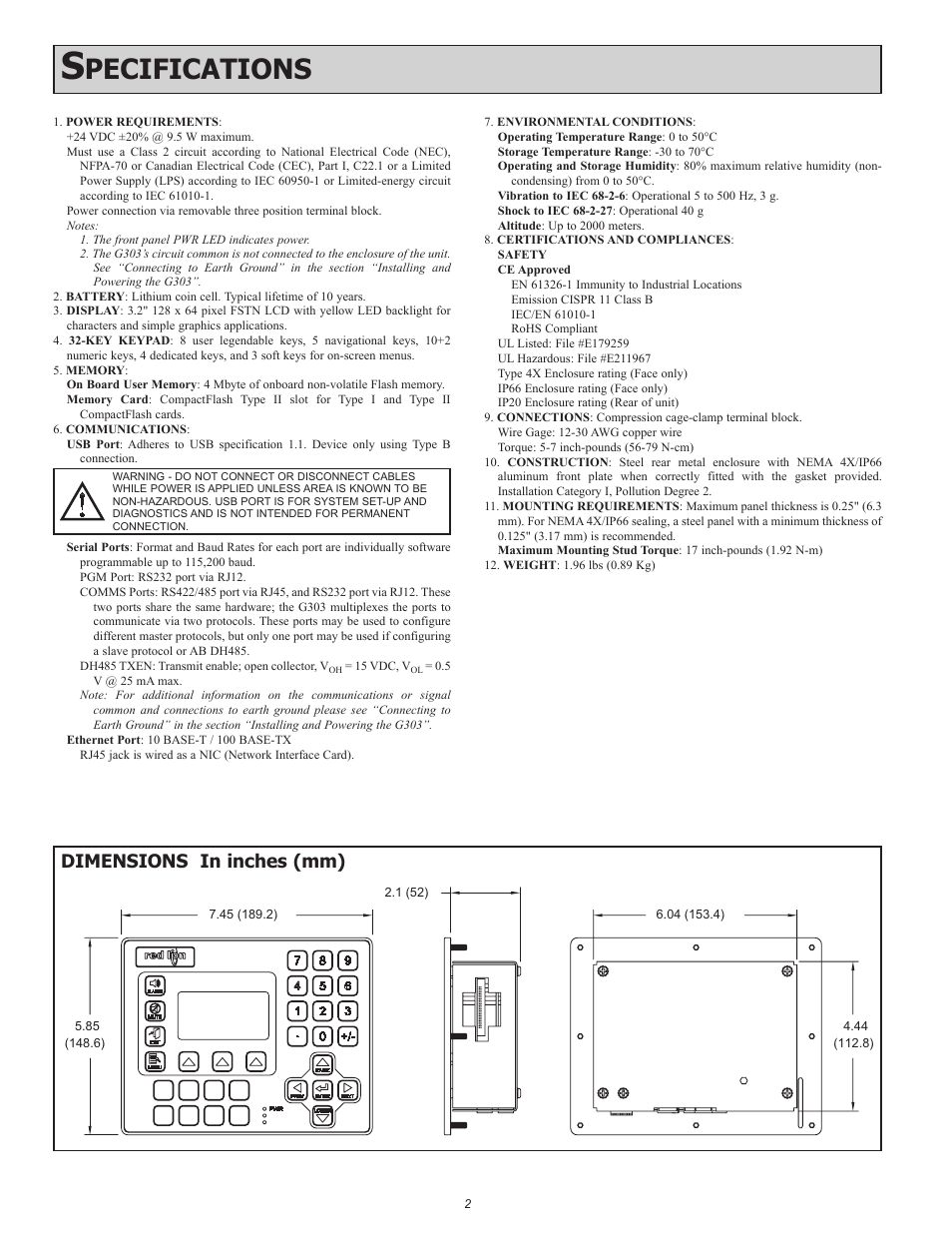 Pecifications, Dimensions in inches (mm) | Red Lion G303 3" Monochrome Operator Panel User Manual | Page 2 / 8