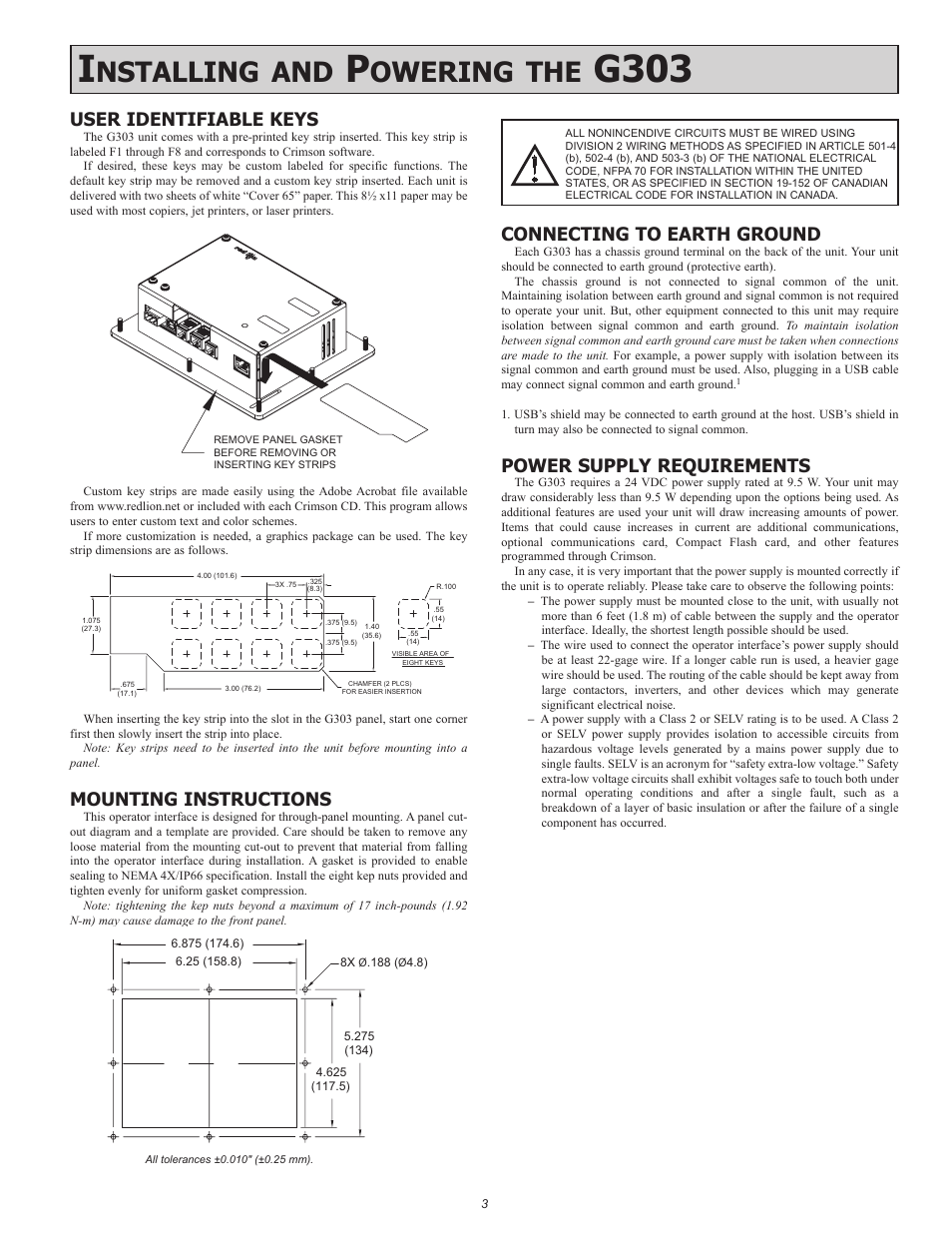 G303, Nstalling, Owering | User identifiable keys, Mounting instructions, Connecting to earth ground, Power supply requirements | Red Lion G303 3" Monochrome Operator Panel User Manual | Page 3 / 8