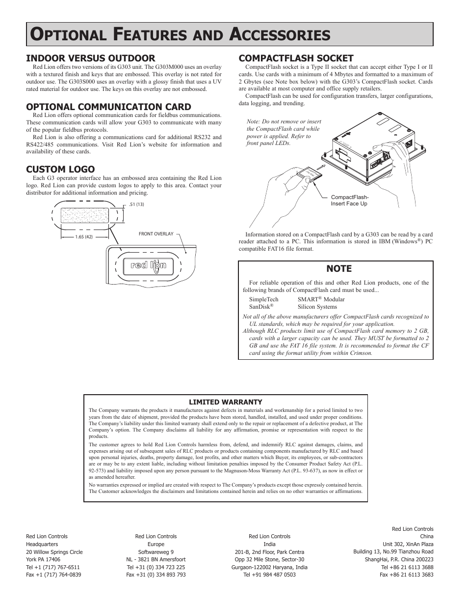 Ptional, Eatures, Ccessories | Compactflash socket, Indoor versus outdoor, Optional communication card, Custom logo | Red Lion G303 3" Monochrome Operator Panel User Manual | Page 8 / 8