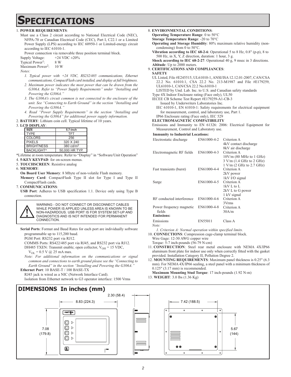 Pecifications, Dimensions in inches (mm) | Red Lion G306 5.7" Ultra-STN Color Touch Panel User Manual | Page 2 / 8