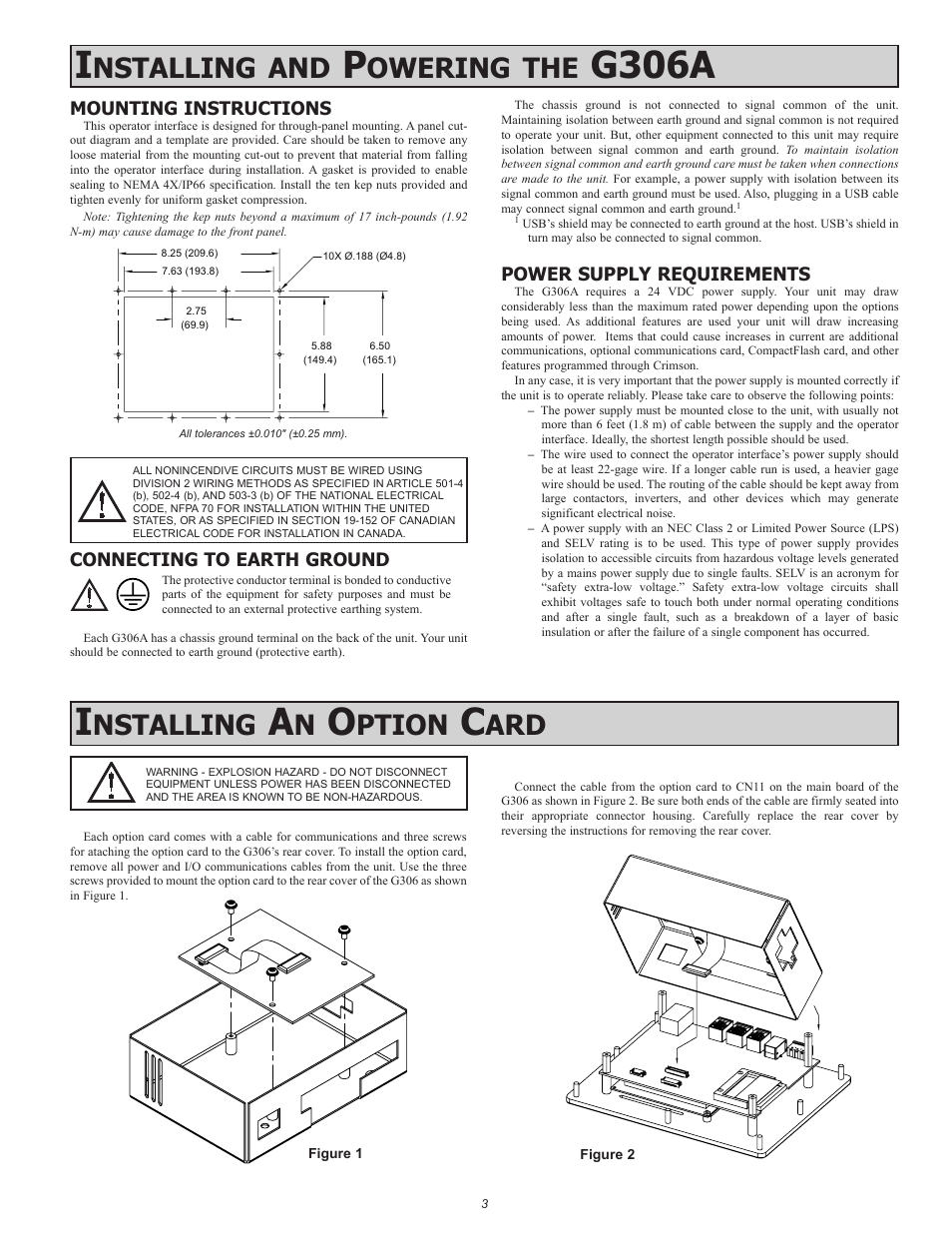 G306a, Nstalling, Owering | Ption | Red Lion G306 5.7" Ultra-STN Color Touch Panel User Manual | Page 3 / 8