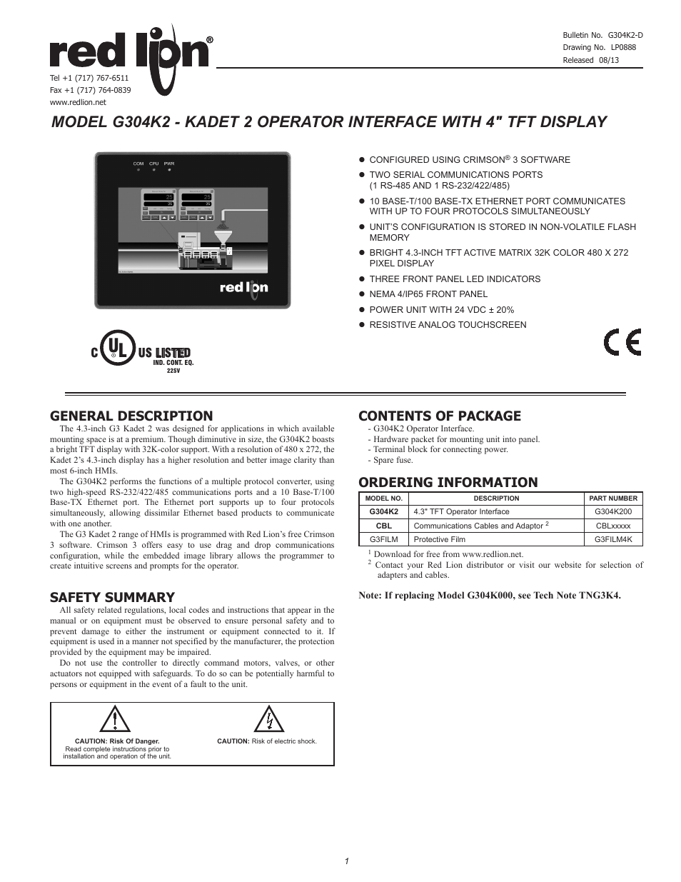 Red Lion G304K2 4.3" Operator Interface with TFT Display User Manual | 4 pages