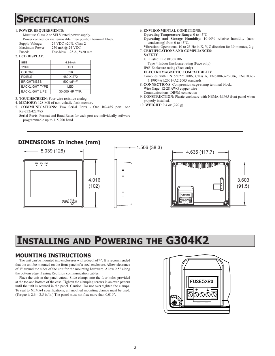 G304k2 s, Nstalling, Owering | Pecifications | Red Lion G304K2 4.3" Operator Interface with TFT Display User Manual | Page 2 / 4