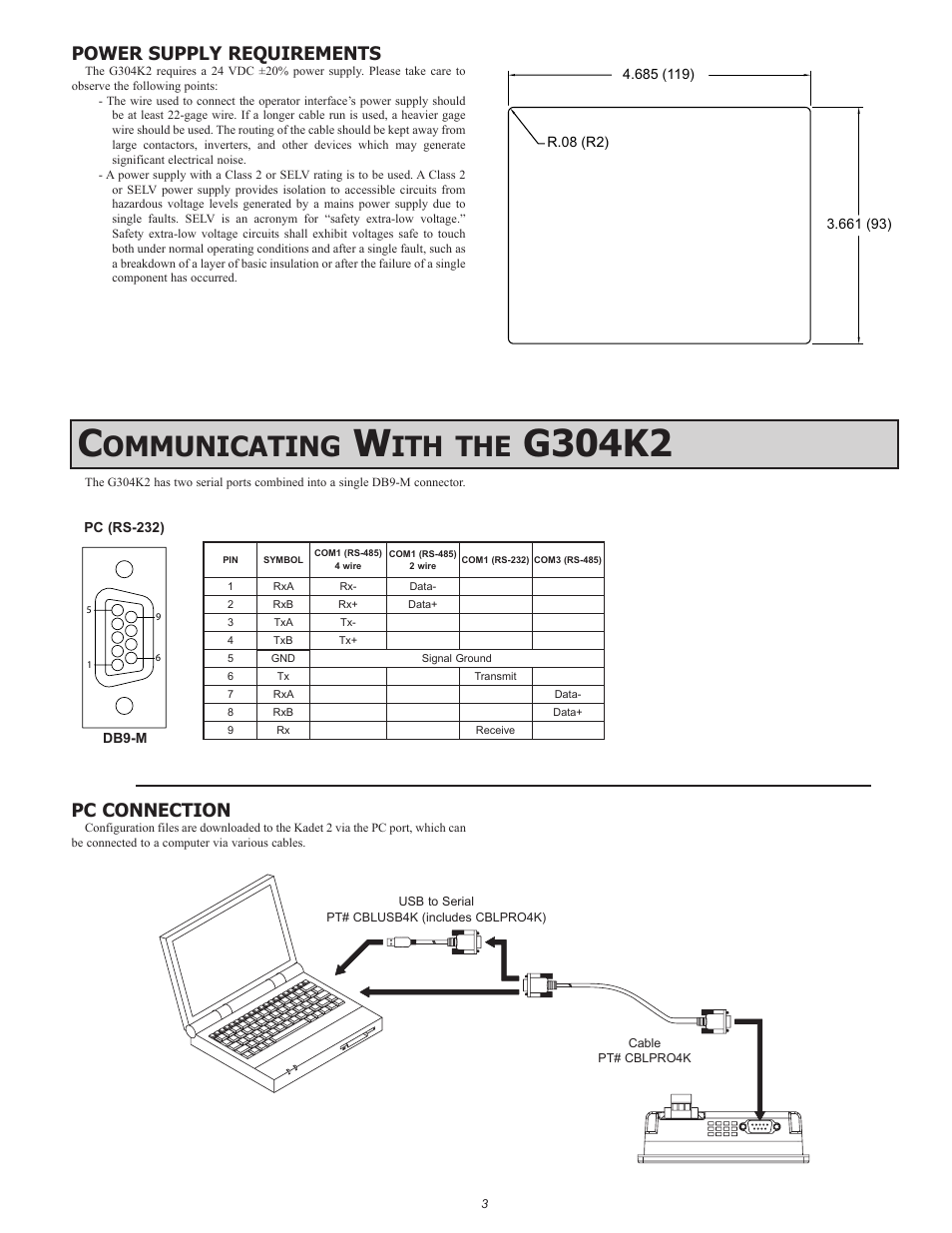 G304k2, Ommunicating, Power supply requirements | Pc connection | Red Lion G304K2 4.3" Operator Interface with TFT Display User Manual | Page 3 / 4