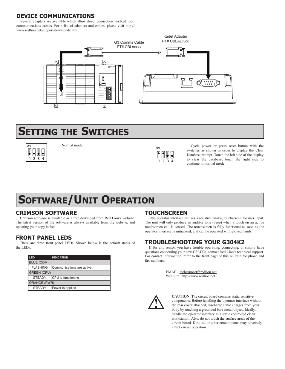 Etting, Witches, Oftware | Peration, Crimson software, Front panel leds, Touchscreen, Troubleshooting your g304k2, Device communications | Red Lion G304K2 4.3" Operator Interface with TFT Display User Manual | Page 4 / 4