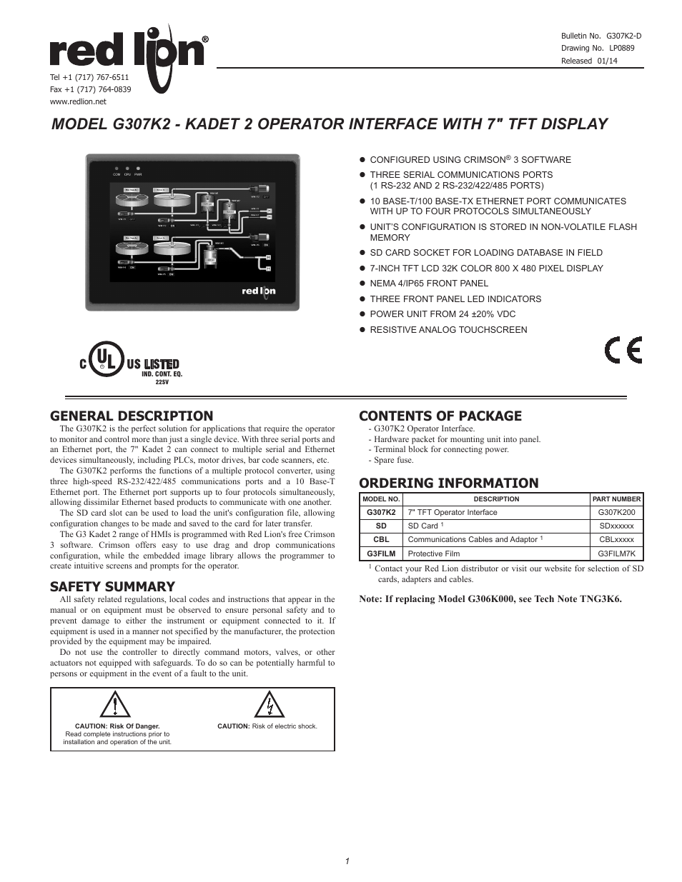 Red Lion G307K2 7" Operator Interface with TFT Display User Manual | 4 pages