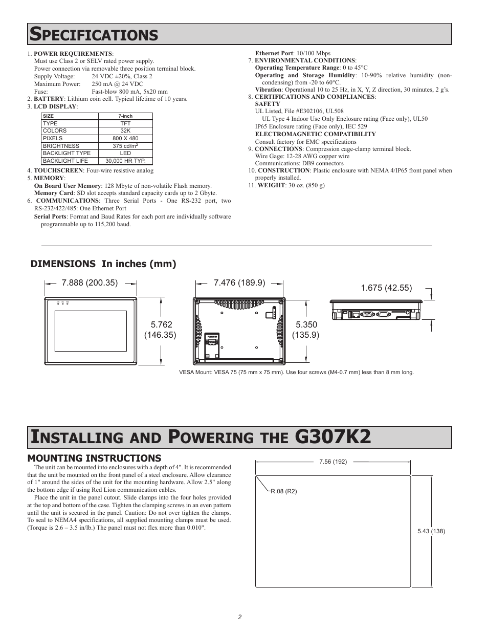 G307k2 s, Nstalling, Owering | Pecifications, Dimensions in inches (mm), Mounting instructions | Red Lion G307K2 7" Operator Interface with TFT Display User Manual | Page 2 / 4