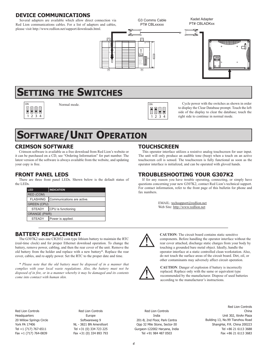 Etting, Witches, Oftware | Peration, Crimson software, Front panel leds, Touchscreen, Troubleshooting your g307k2, Battery replacement, Device communications | Red Lion G307K2 7" Operator Interface with TFT Display User Manual | Page 4 / 4