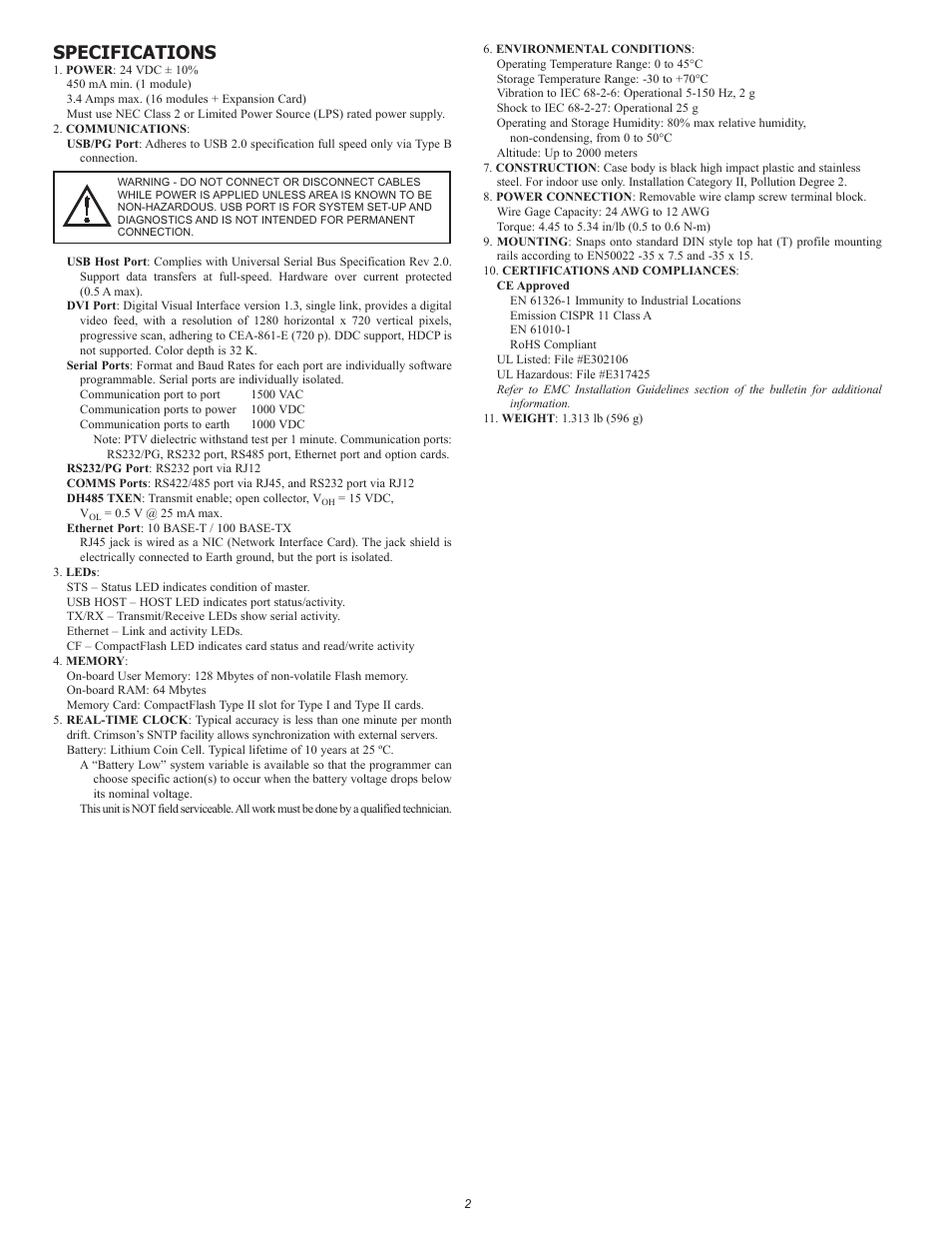 Specifications | Red Lion ProducTVity Station User Manual | Page 2 / 8