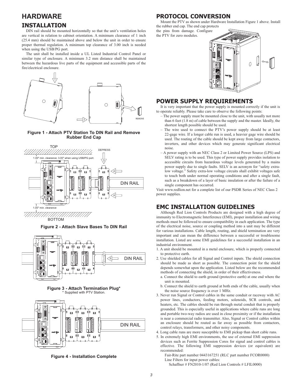 Hardware, Installation, Protocol conversion | Power supply requirements, Emc installation guidelines, Figure 4 - installation complete, Din rail | Red Lion ProducTVity Station User Manual | Page 3 / 8