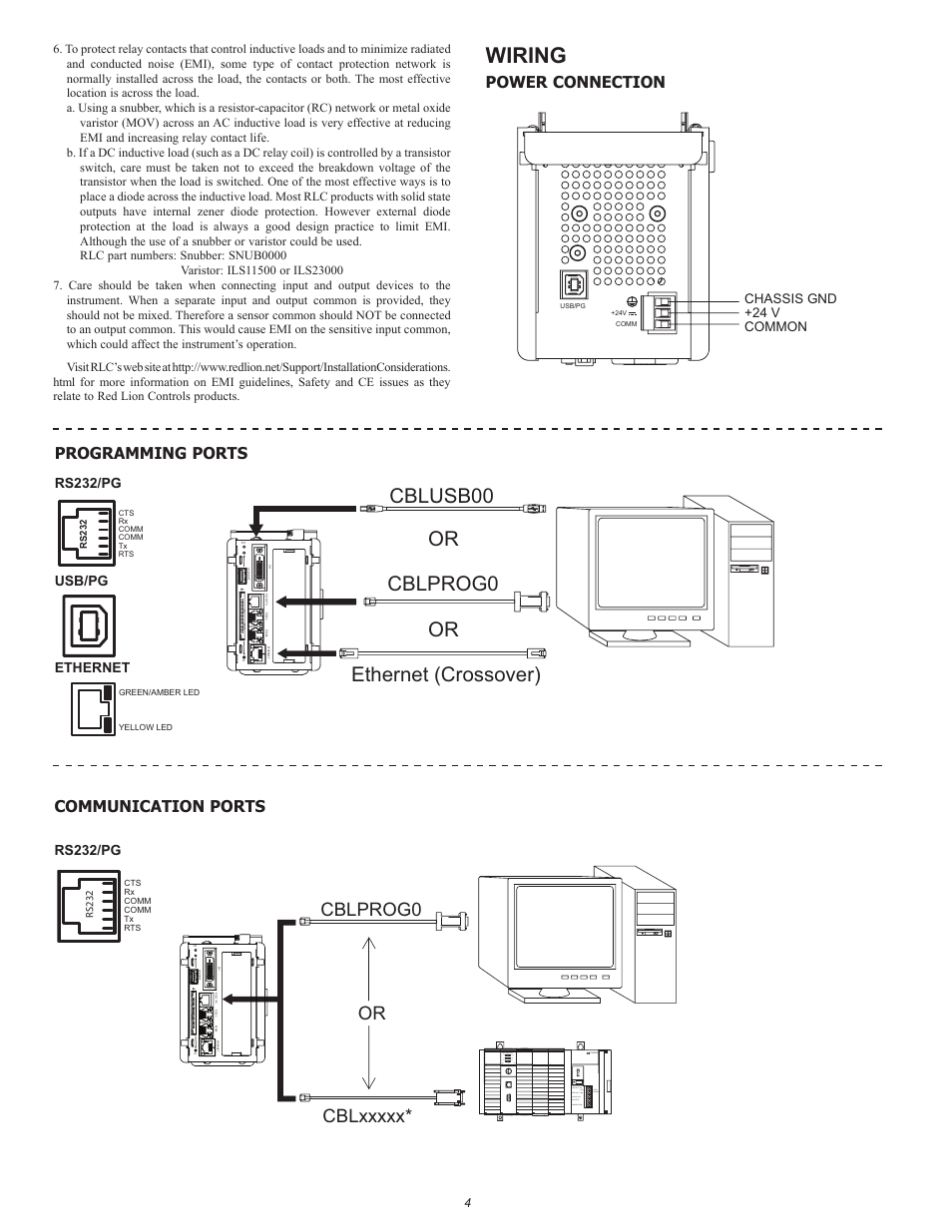 Wiring, Cblprog0 cblusb00 or ethernet (crossover) or, Or cblprog0 | Communication ports, Power connection programming ports, Chassis gnd | Red Lion ProducTVity Station User Manual | Page 4 / 8