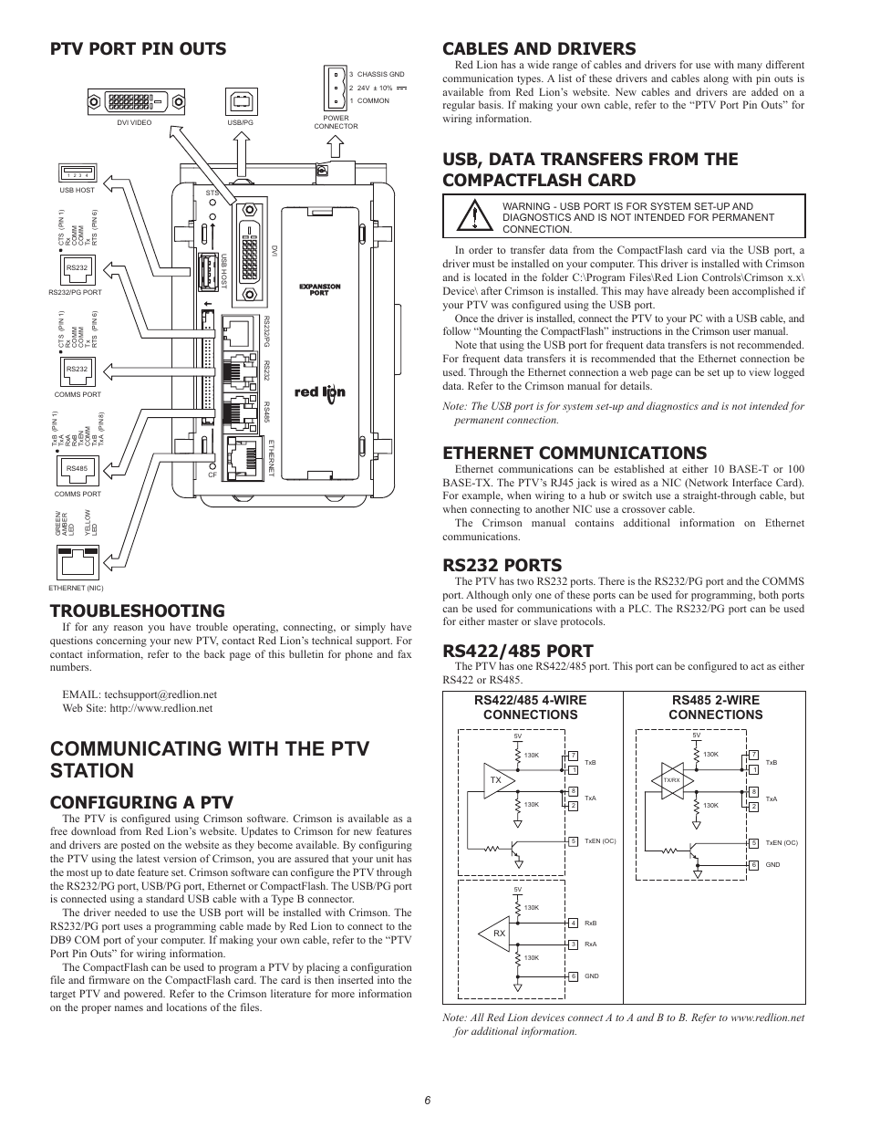 Communicating with the ptv station, Troubleshooting, Configuring a ptv | Cables and drivers, Usb, data transfers from the compactflash card, Ethernet communications, Rs232 ports, Ptv port pin outs | Red Lion ProducTVity Station User Manual | Page 6 / 8