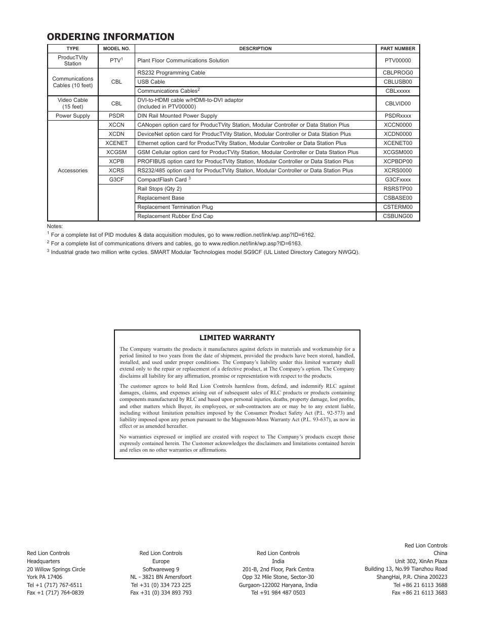 Ordering information, Limited warranty | Red Lion ProducTVity Station User Manual | Page 8 / 8