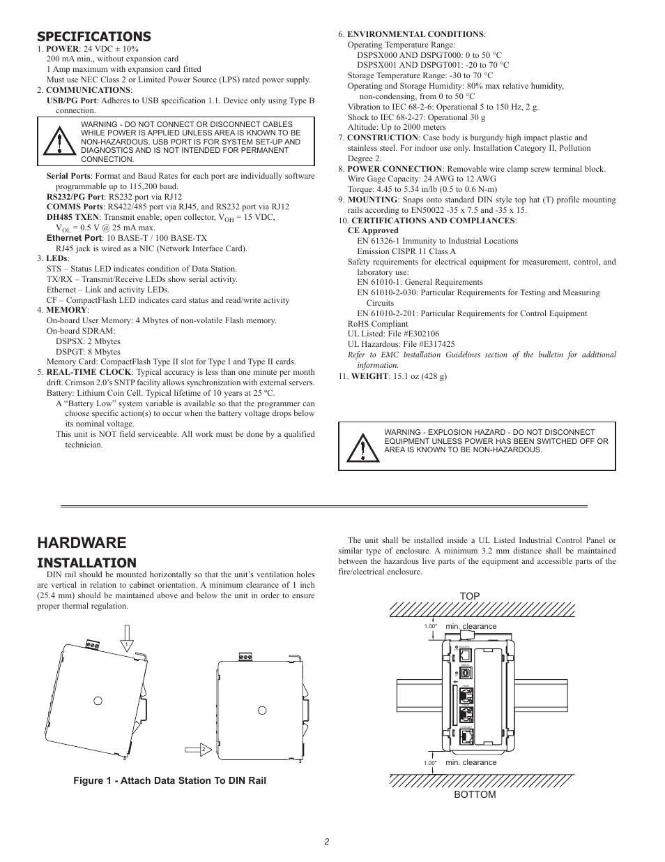 Hardware, Specifications, Installation | Red Lion Data Station Plus User Manual | Page 2 / 8