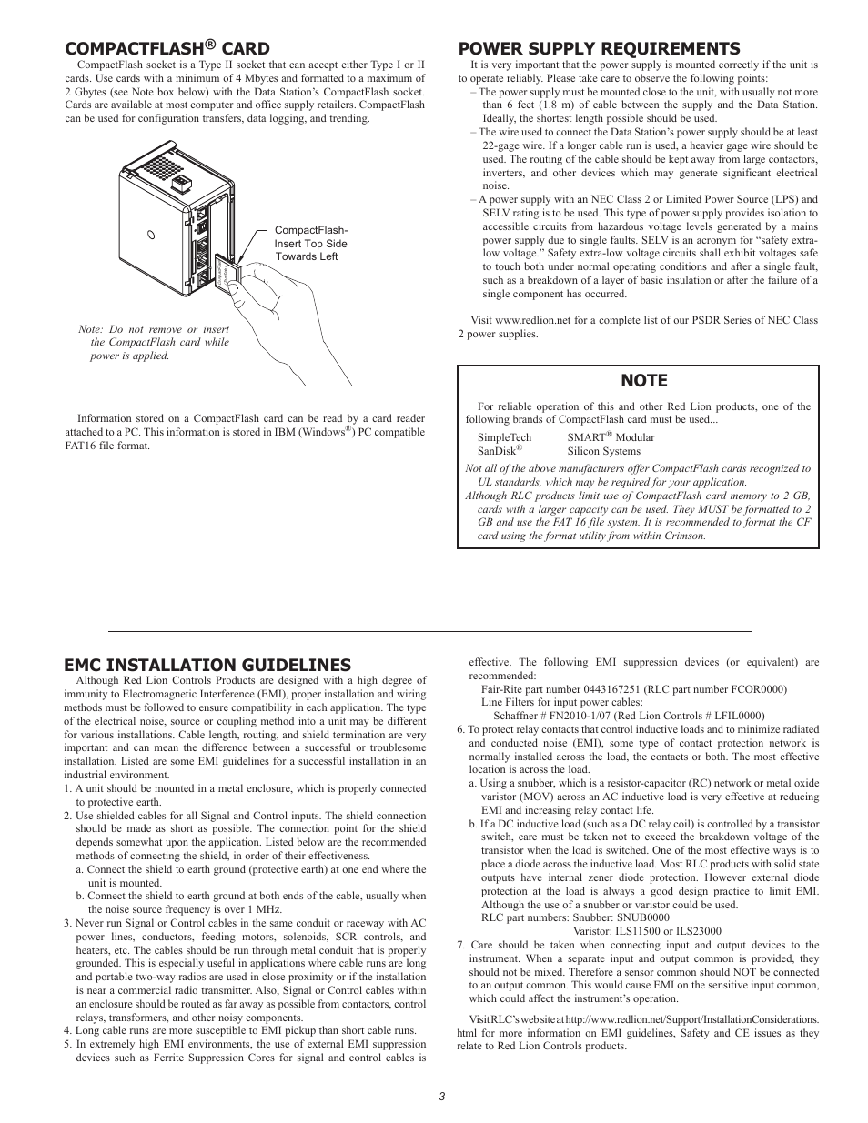 Compactflash, Card, Power supply requirements | Emc installation guidelines | Red Lion Data Station Plus User Manual | Page 3 / 8