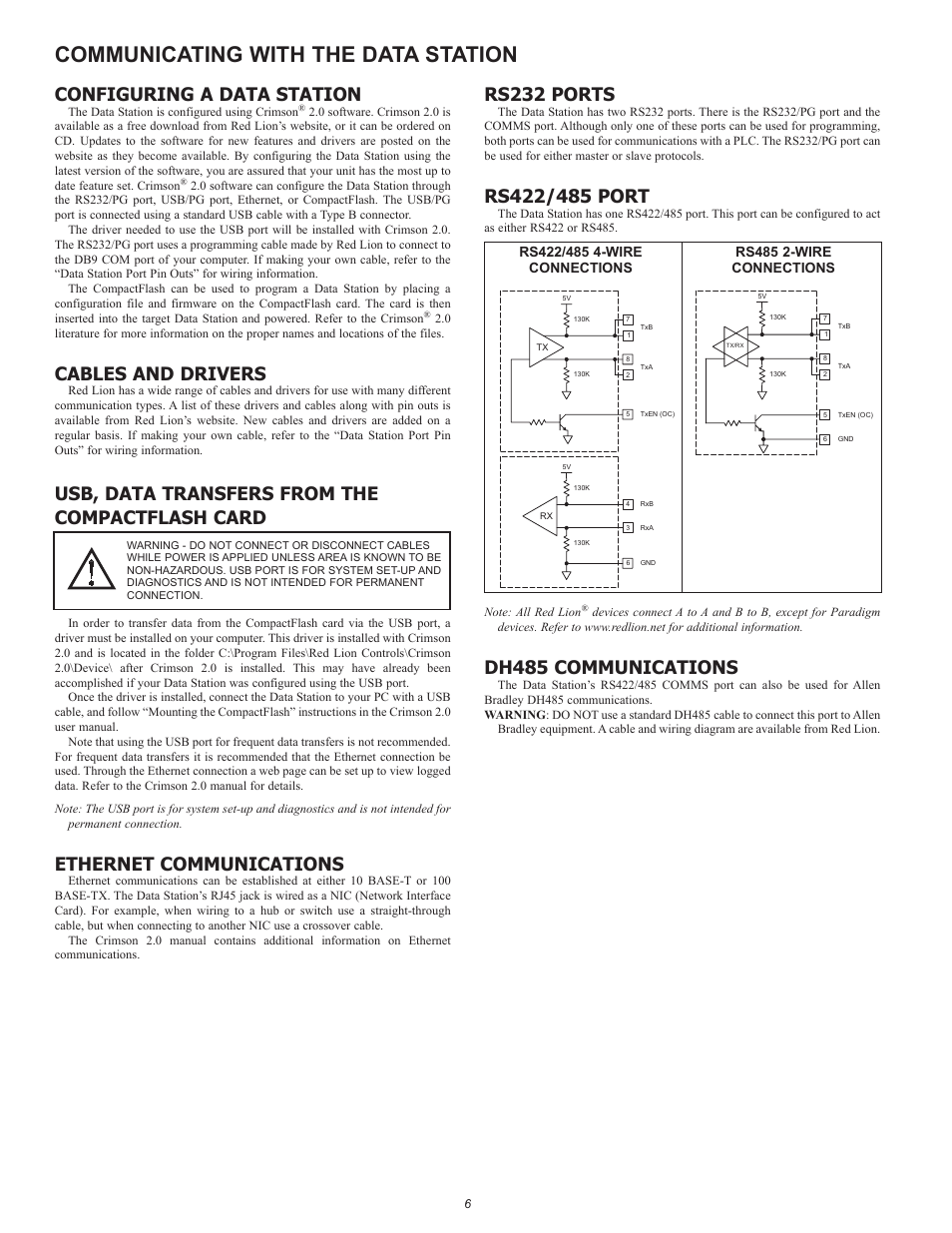 Communicating with the data station, Configuring a data station, Cables and drivers | Usb, data transfers from the compactflash card, Ethernet communications, Rs232 ports, Dh485 communications | Red Lion Data Station Plus User Manual | Page 6 / 8
