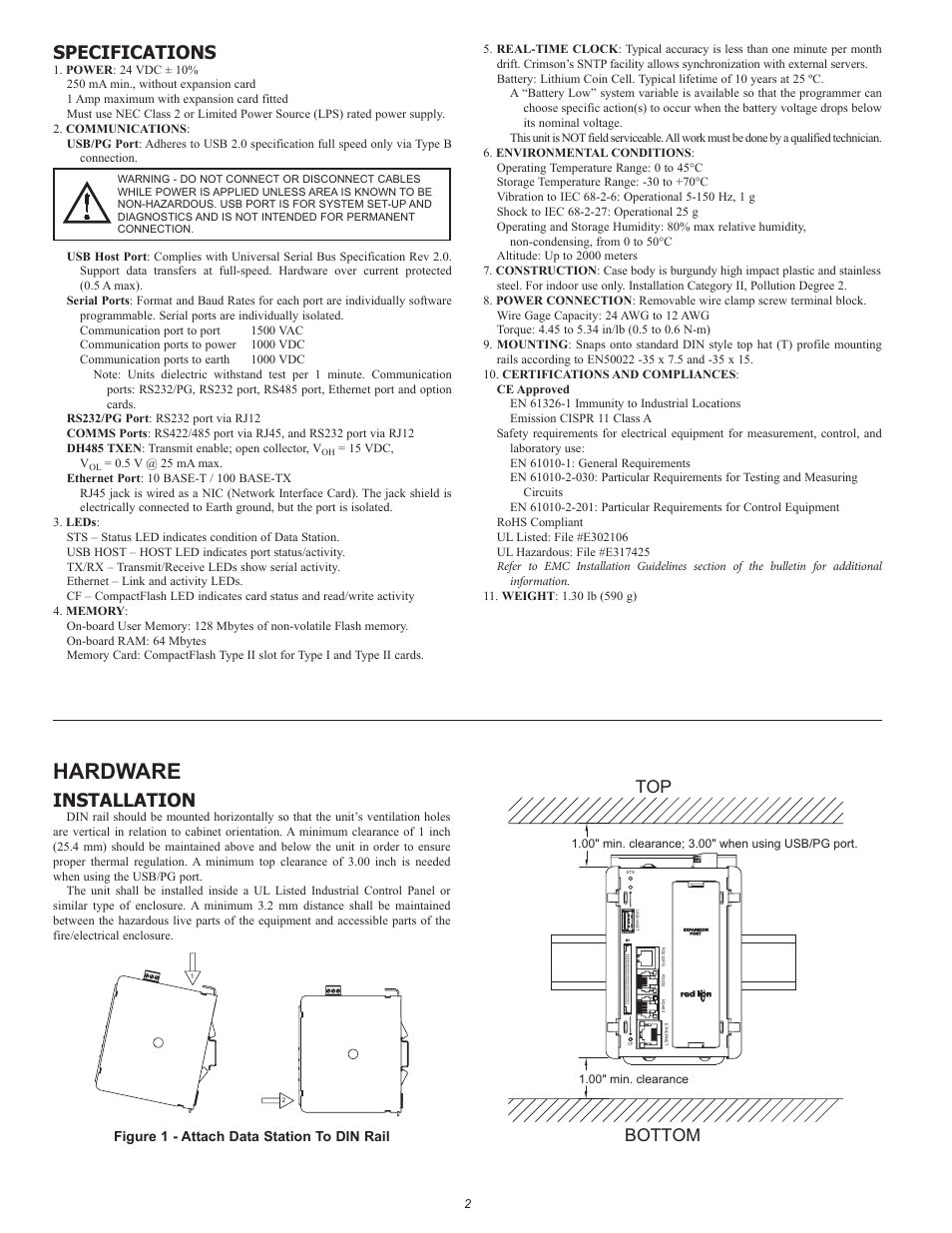 Hardware, Specifications, Installation | Top bottom | Red Lion DSPZR User Manual | Page 2 / 8