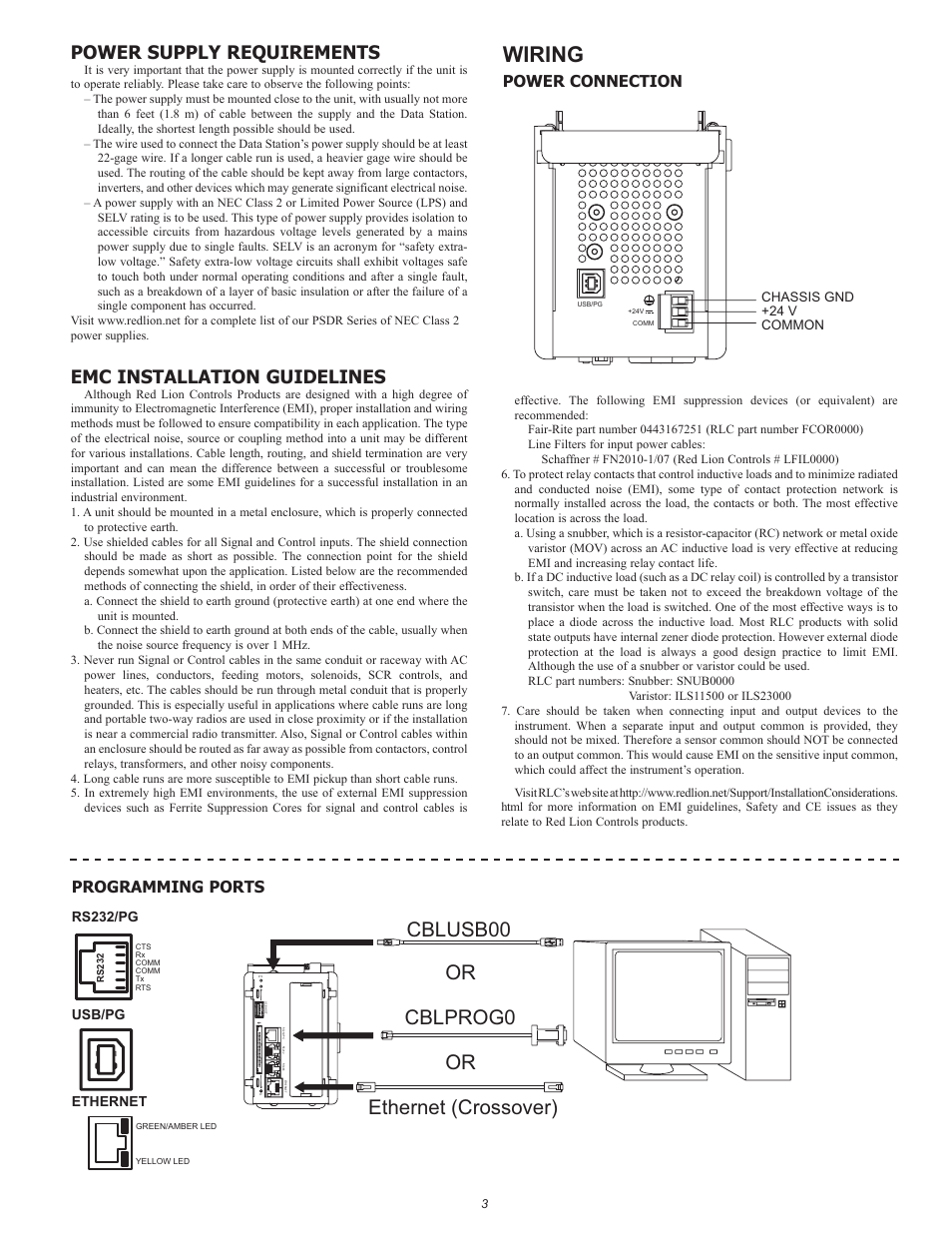 Wiring, Cblprog0 cblusb00 or ethernet (crossover) or, Power supply requirements | Emc installation guidelines, Power connection programming ports | Red Lion DSPZR User Manual | Page 3 / 8