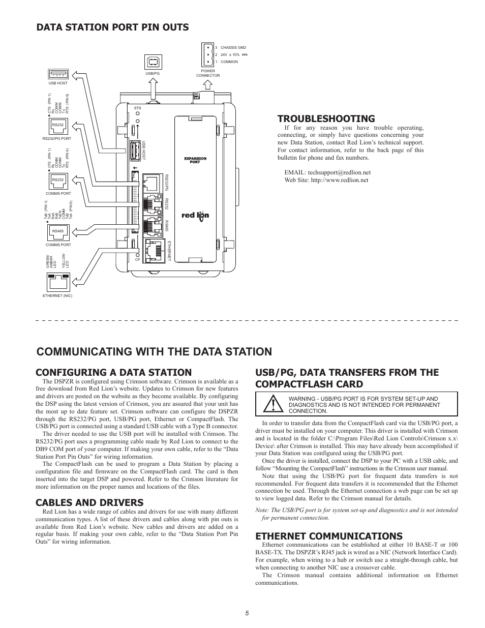 Communicating with the data station, Data station port pin outs troubleshooting, Configuring a data station | Cables and drivers, Usb/pg, data transfers from the compactflash card, Ethernet communications | Red Lion DSPZR User Manual | Page 5 / 8