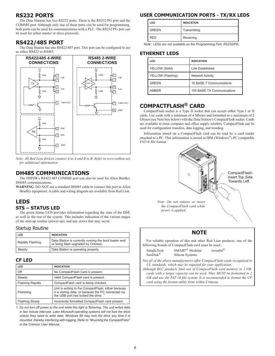 Rs232 ports, Dh485 communications, Leds | Compactflash, Card, Sts – status led, Startup routine, Cf led, User communication ports - tx/rx leds, Ethernet leds | Red Lion DSPZR User Manual | Page 6 / 8