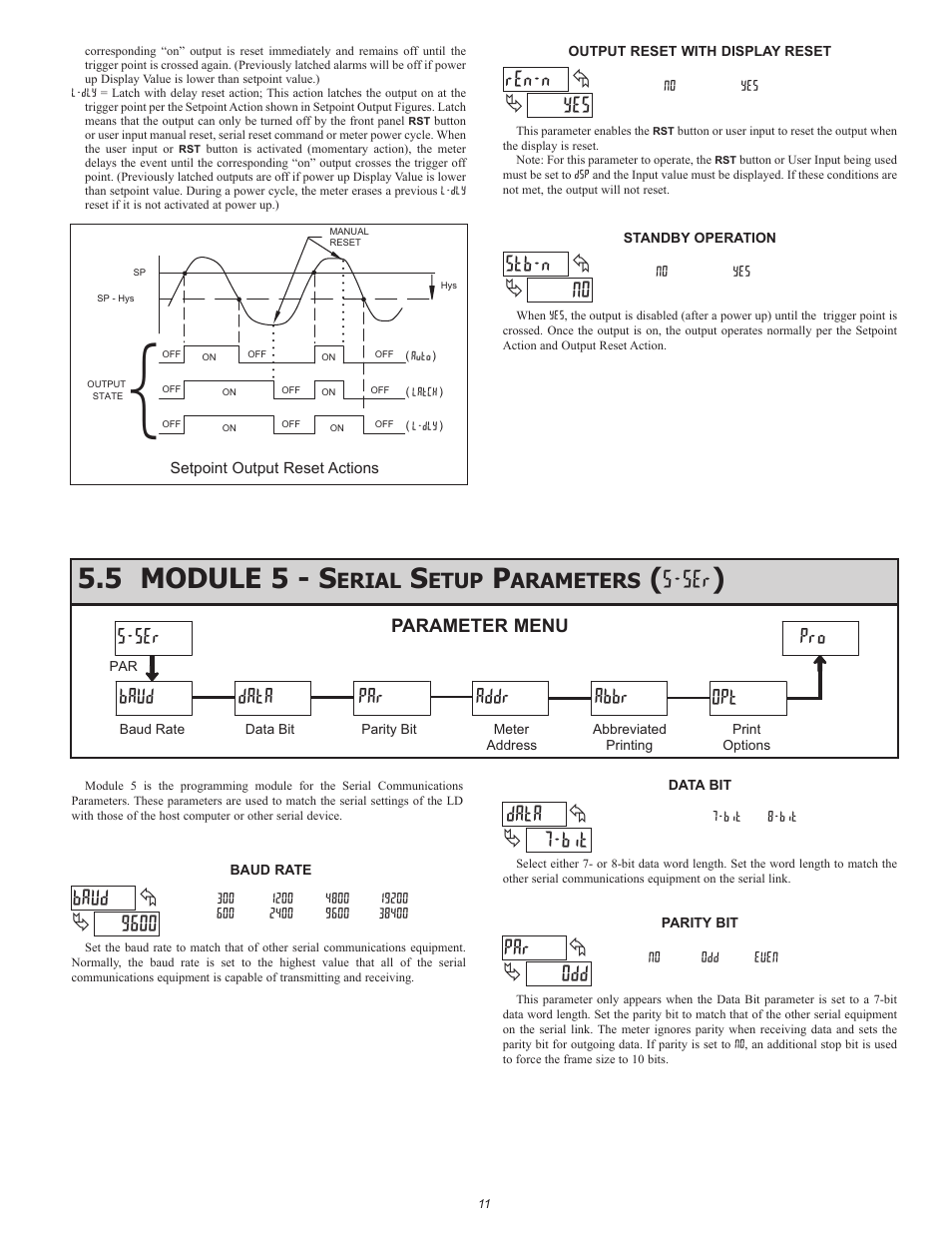 Yes ren-n, No stb-n, 5 module 5 - s | 9600 baud, Bit data, Odd par, Ser baud data par addr abbr opt pro, Erial, Etup, Arameters | Red Lion LDA User Manual | Page 11 / 16