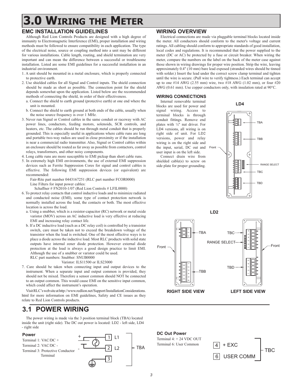 Iring, Eter, 1 power wiring | Emc installation guidelines, Wiring overview, User comm + exc 6 4 tbc | Red Lion LDA User Manual | Page 3 / 16