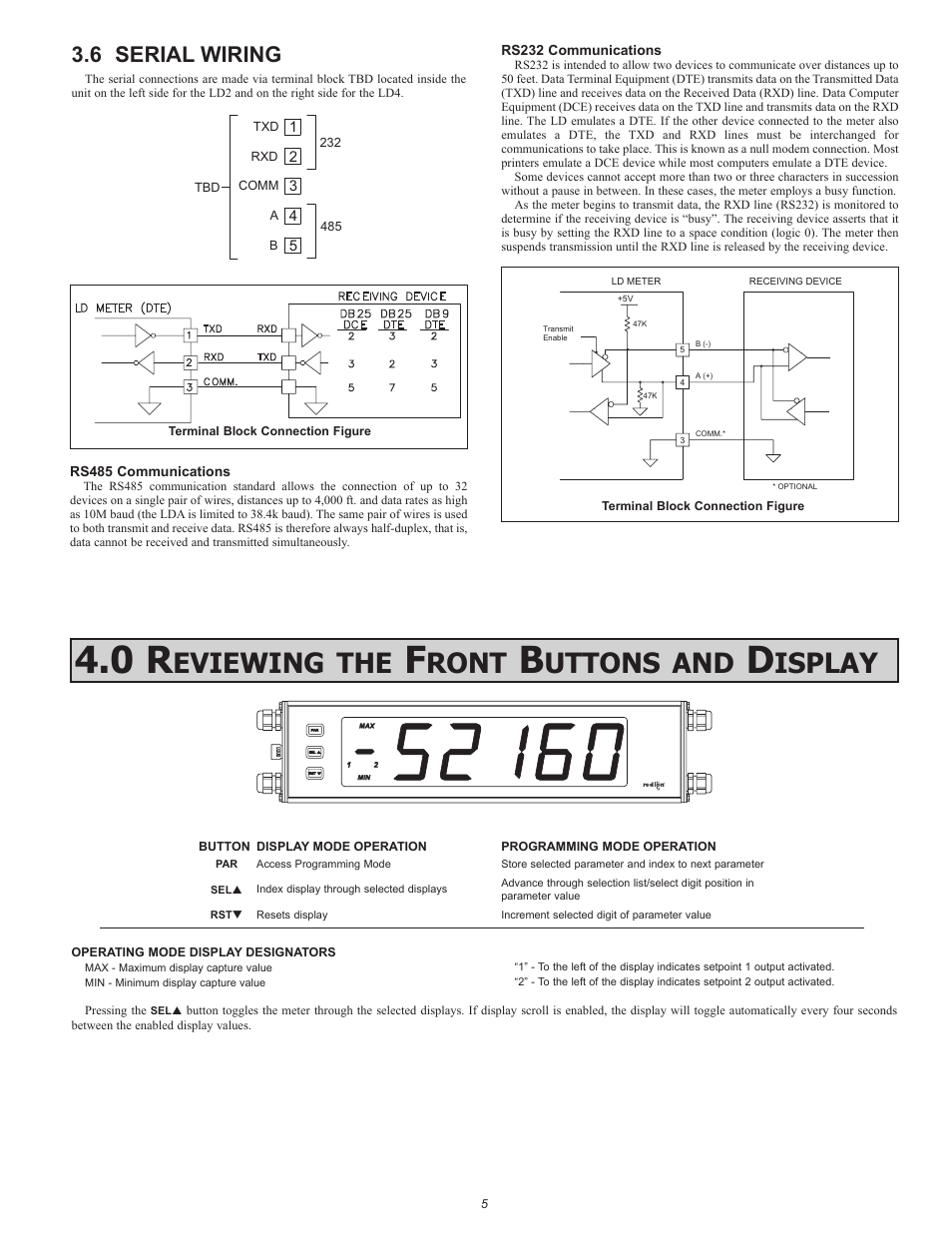 Eviewing, Ront, Uttons | Isplay, 6 serial wiring | Red Lion LDA User Manual | Page 5 / 16