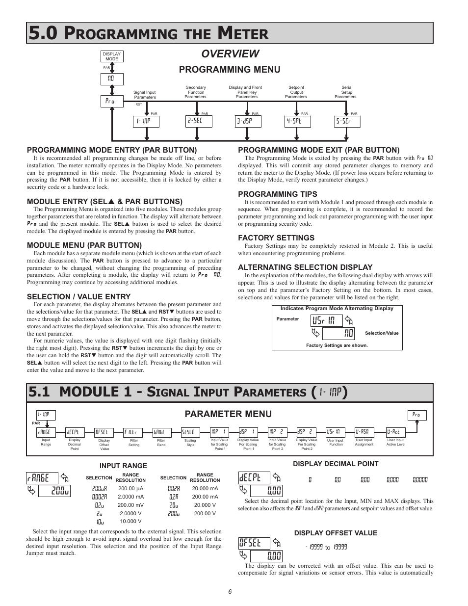 N0 usrin, Rogramming, Eter | 1 module 1 - s, 200v ran6e, 00 decpt, 00 ofset, Overview, Ignal, Nput | Red Lion LDA User Manual | Page 6 / 16