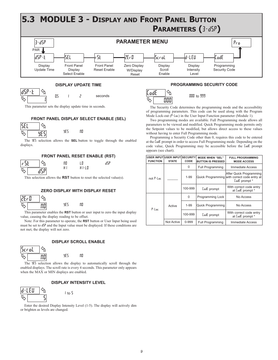 3 module 3 - d, 1dsp-t, Yes sel | No zero, No scrol, 5d-lev, 000 code, Dsp rst, Dsp dsp-t sel rst zero code, D-lev scrol | Red Lion LDA User Manual | Page 9 / 16